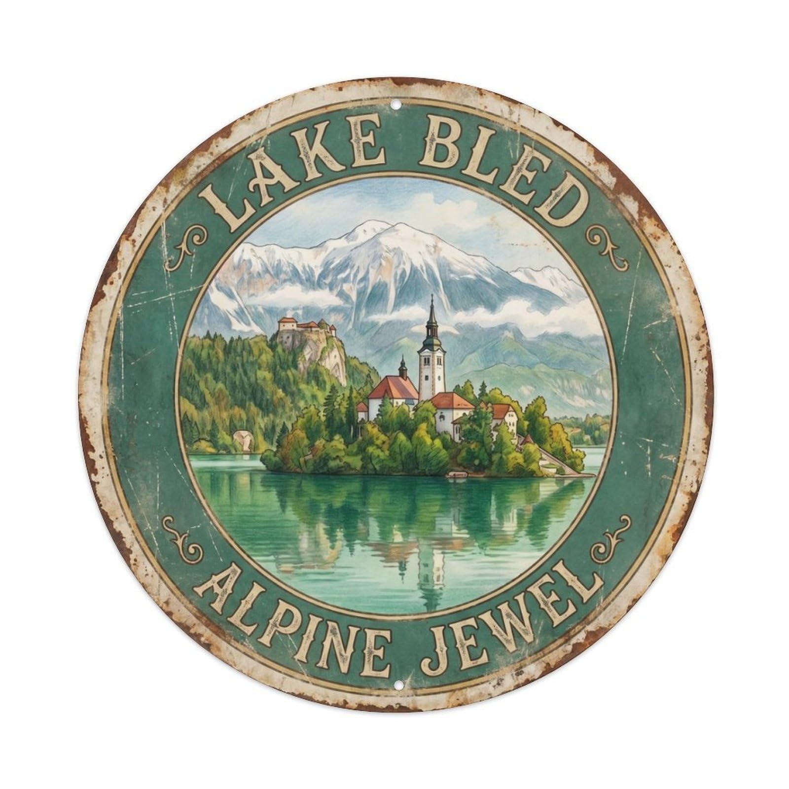Vintage Travel Bled Slovenia Alpine Metal Tin Sign Plaque Wall Decor for Cafe, Club Bar, Office, Home Garden Round Metal Poster 8x8Inch