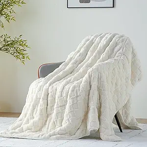 Uttermara Sherpa Fleece Weighted Blanket Full Size(12lbs, 48" x 72", Cream White), 3D Jacquard Checkered Warm Sherpa Heavy Blanket for Adults, Soft Fuzzy Weighted Blankets for Couch Bed Sofa