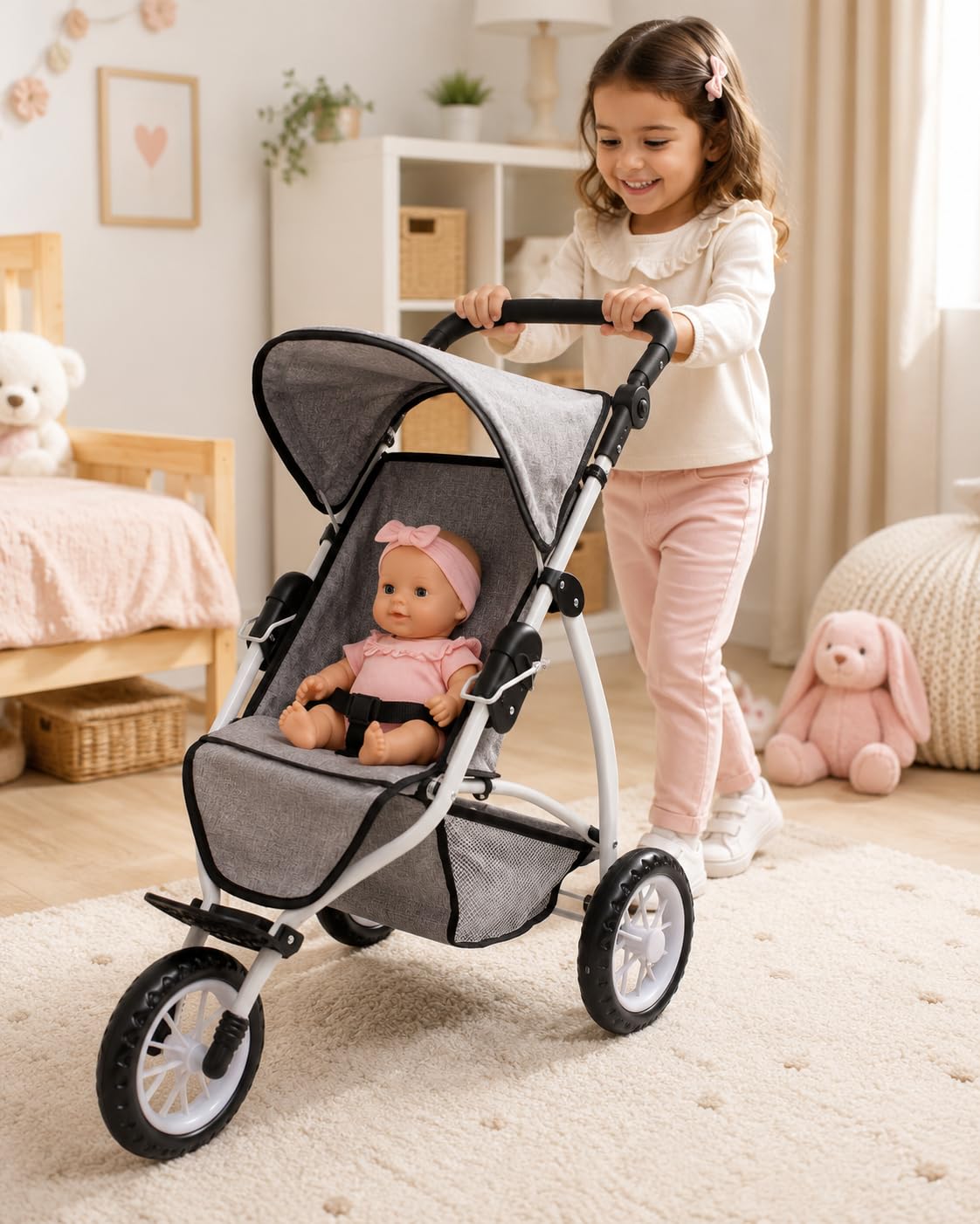 Bayer Chic 2000 Puppenwagen Leon | Jogging Buggy | Jeans Grau | Sportlicher Puppenjogger für Kinder von 4 bis 8 Jahren. Mit großem Sonnendach, höhenverstellbarem Griff & viel Stauraum.