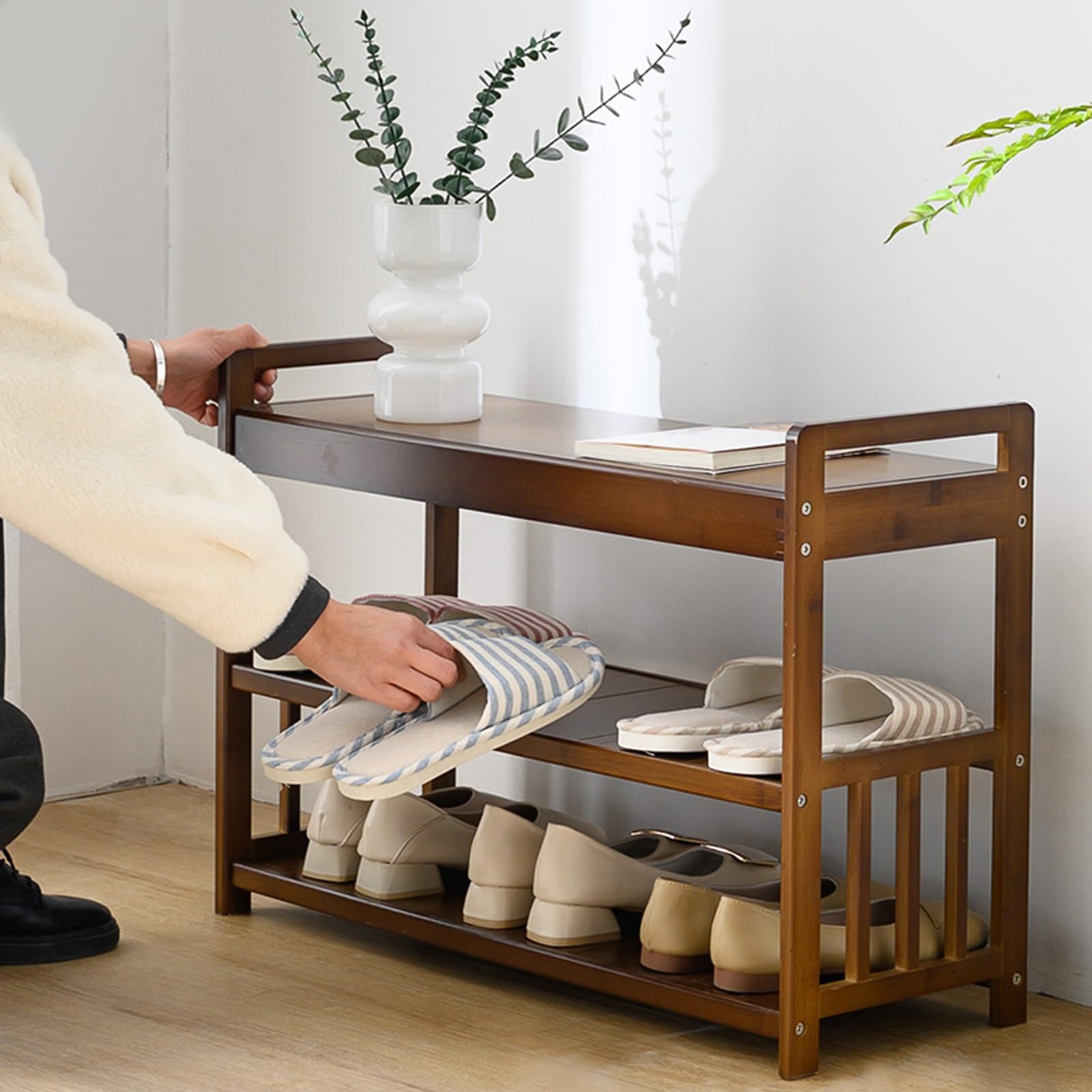 Generico Panca Porta Scarpe a 2 Ripiani in bambù - Organizzatore Stabile per l'ingresso, Ideale per Porta d'ingresso, Camera da Letto, Soggiorno, corridoio - Design Semplice (39 cm/15,3 Pollici)