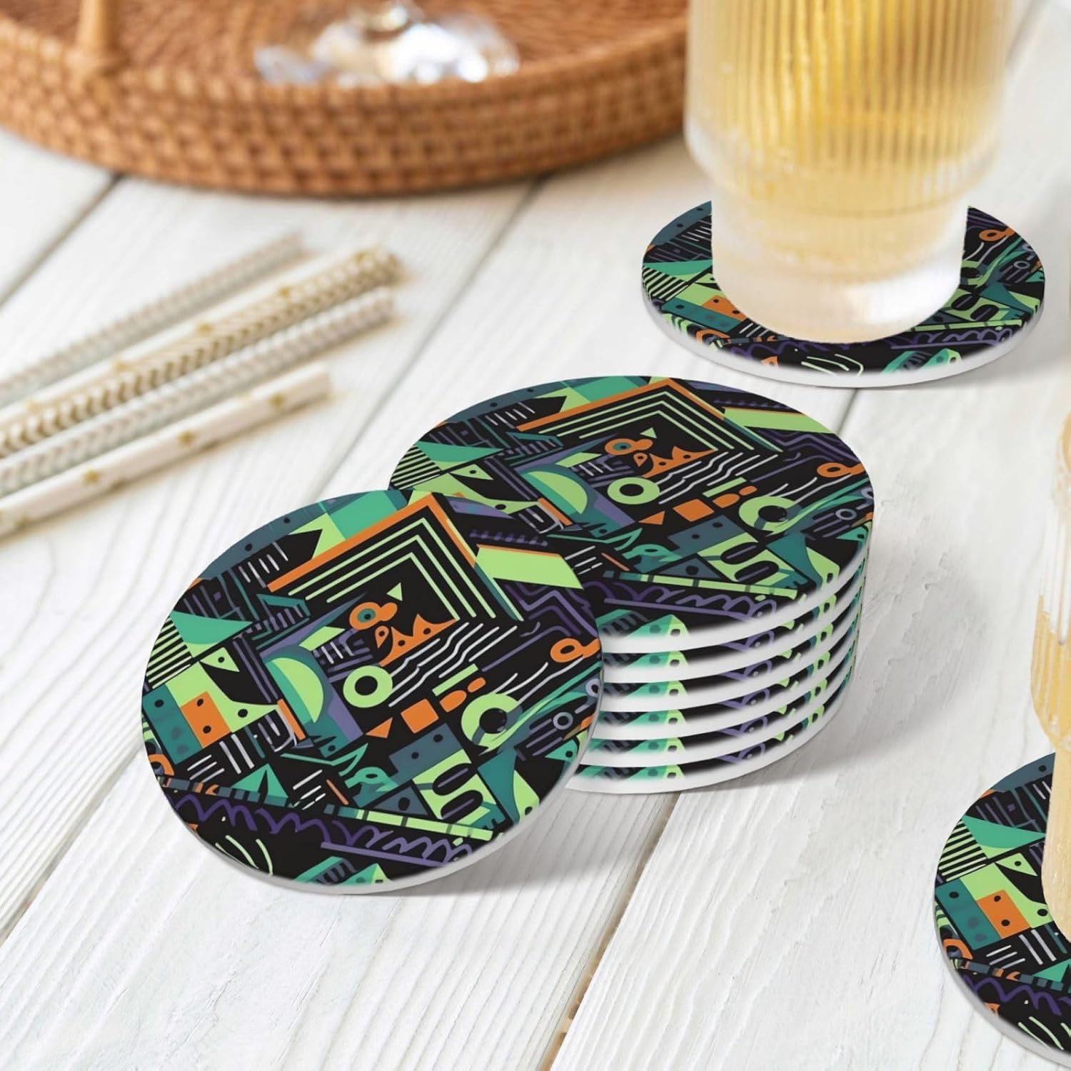 ドリンクコースター6枚セット セラミックコースター ホルダー付き 幾何学模様 グラフィティスタイル ラウンドコースター ドリンク用