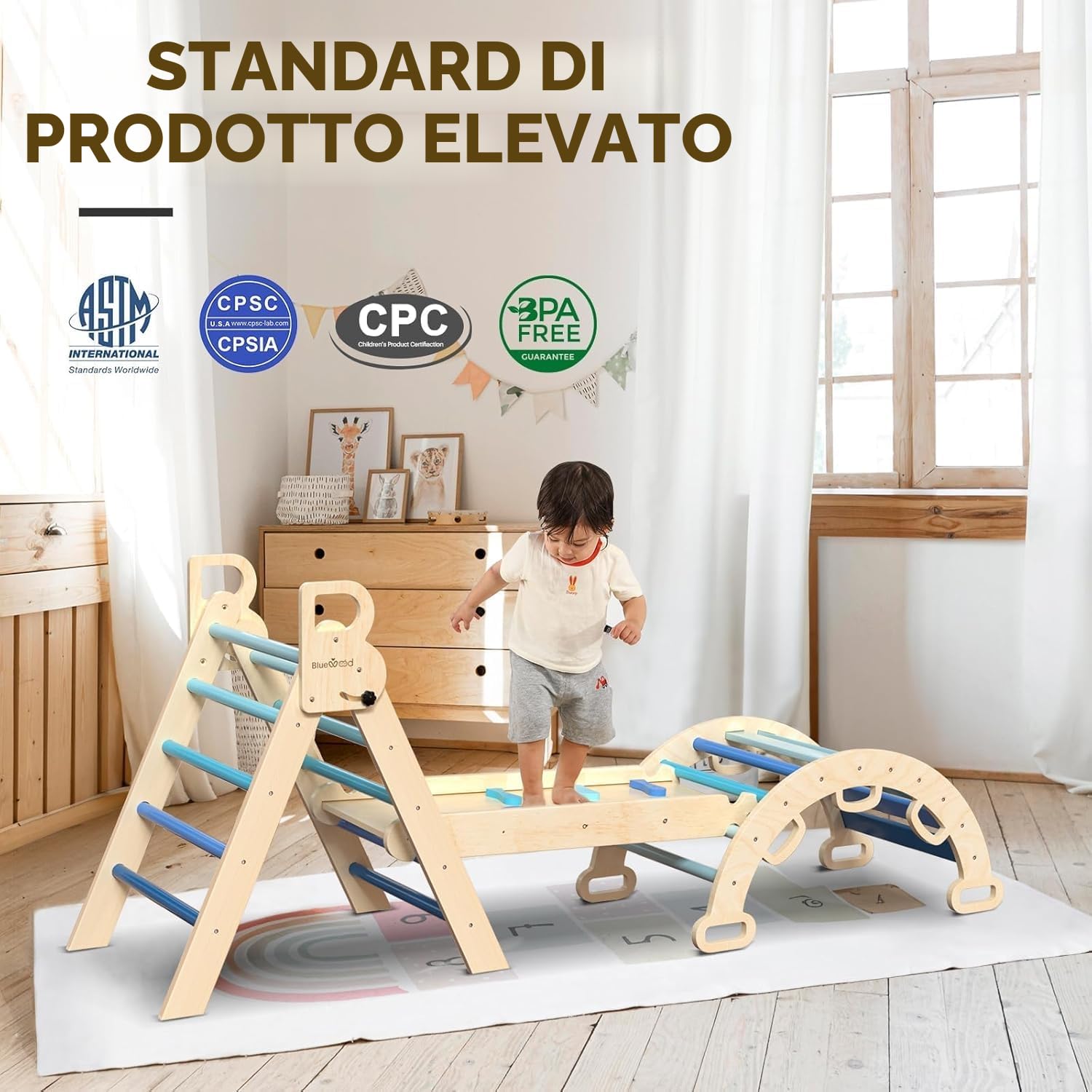 BlueWood Set da Arrampicata per Bambini 3 in 1, Set di Triangoli per Arrampicata Pieghevoli di Arrampicata Pieghevole con Scivolo ad Arco, Palestre Montessoriano e Arrampicata Indoor per Bambini