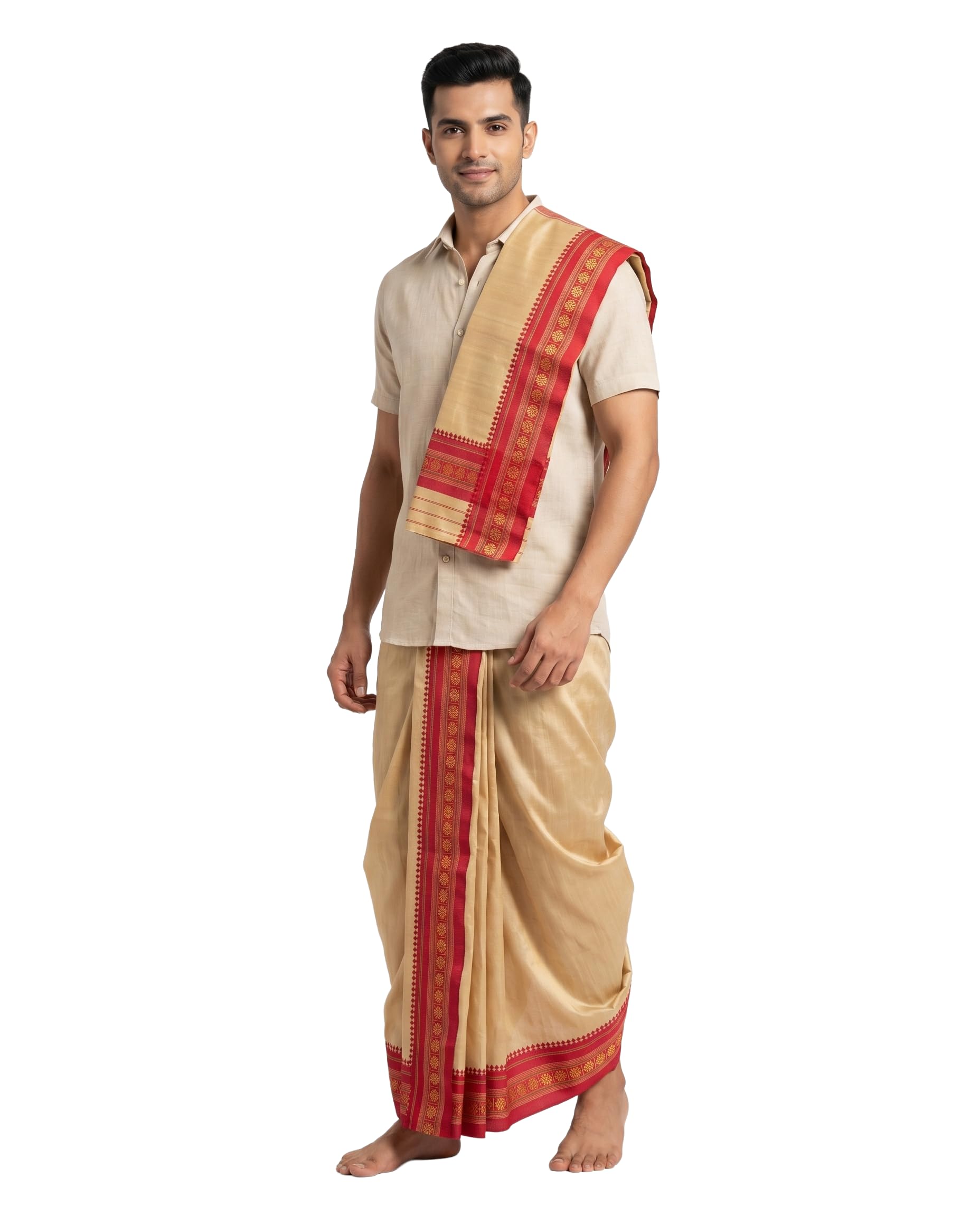 Cotton Dhoti for Men | Kerala Mundu Veshti Vesti Pancha Panche | South Indian Traditional Dress Set with Angavastram | Ayyappa Swamy Outfit | Pattu Kavi Mundu-image-30