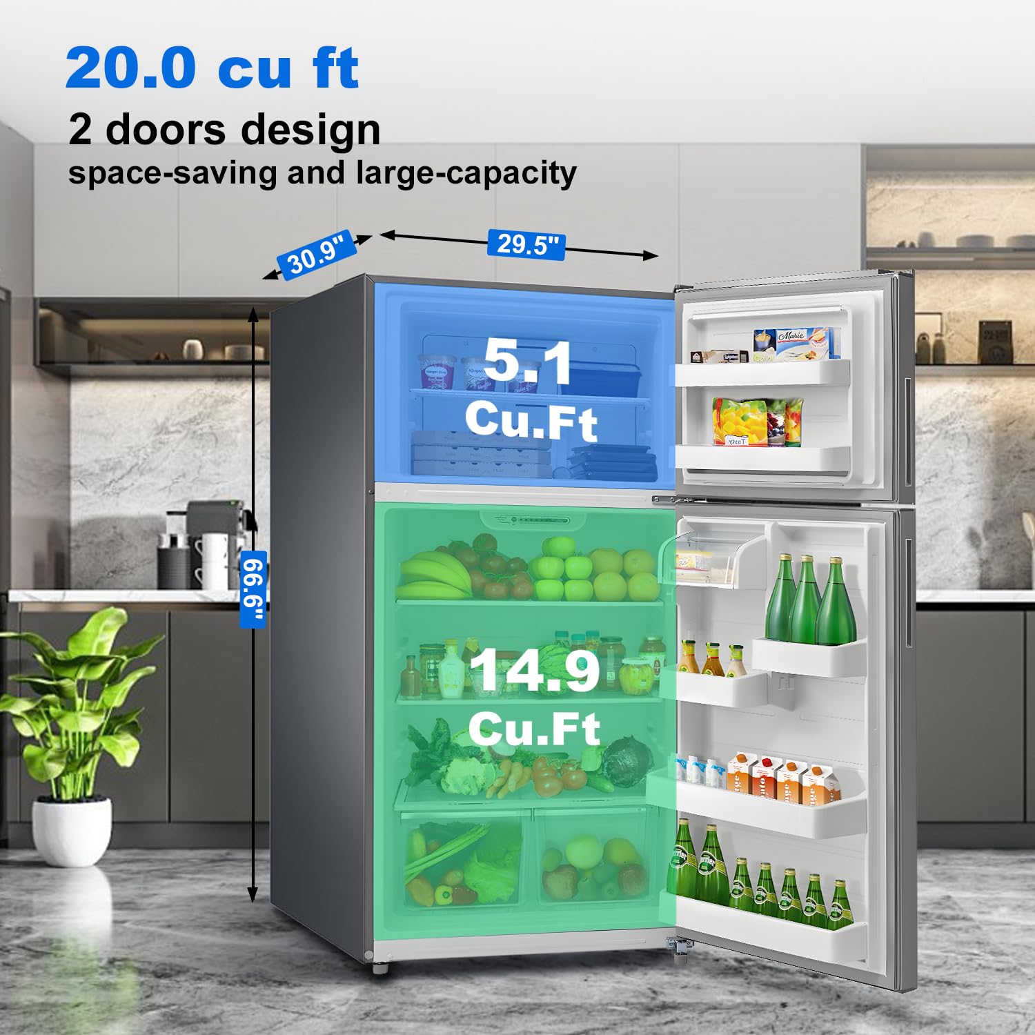 Smeta Full Size Refrigerator, Top Freezer, Frost Free, 20.0 Cu. Ft. Stainless Steel, 30'' Freestanding Garage Fridge, 66 Inch For Kitchen, Office, Home on Fridge.com - View 2