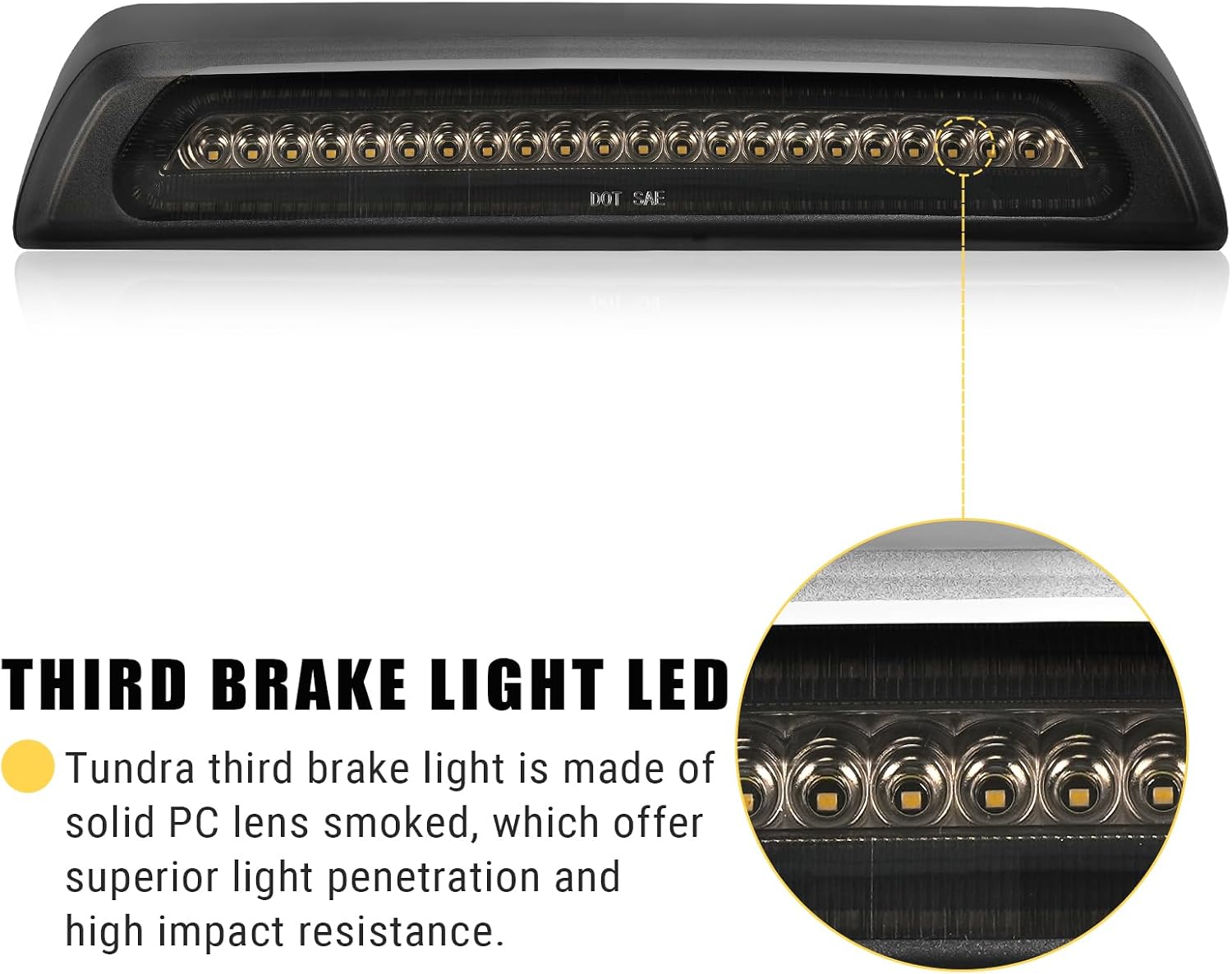 BORDAN Third Brake Light Stop Lamp Fit for 2007-2020 Tundra LED 3rd Brake Lights Rear Cargo Lamp High Mount Stop Light Smoked Lens Assembly