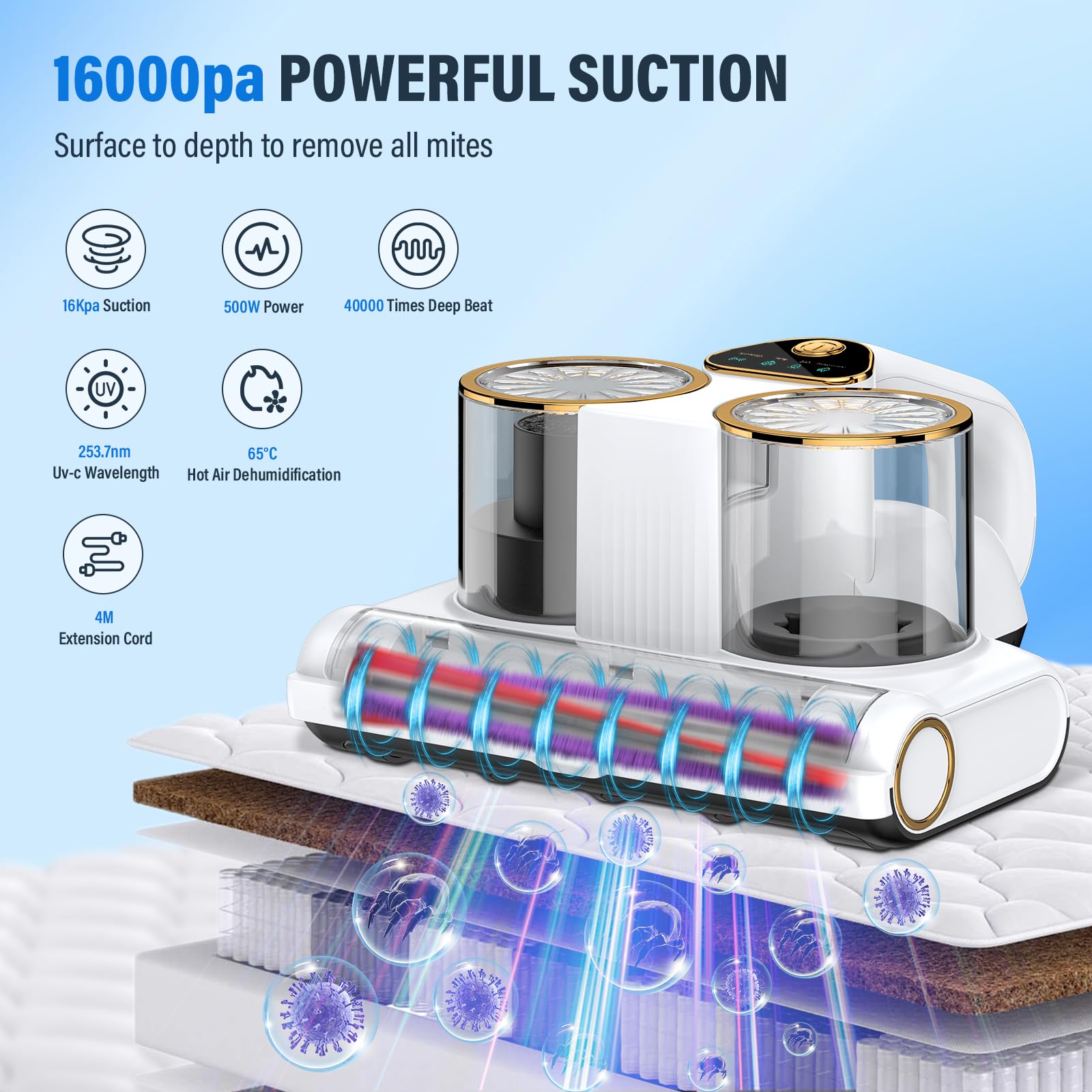 Aspiradora Antiácaros,Aspirador de Ácaros con Luz UV y Ultrasonido Calentamiento 16Kpa de Succión 500W Aspiradora de Acáros Elimina 99,9% de BacteriasAlérgenos y Ácaros Polvo Aspirador