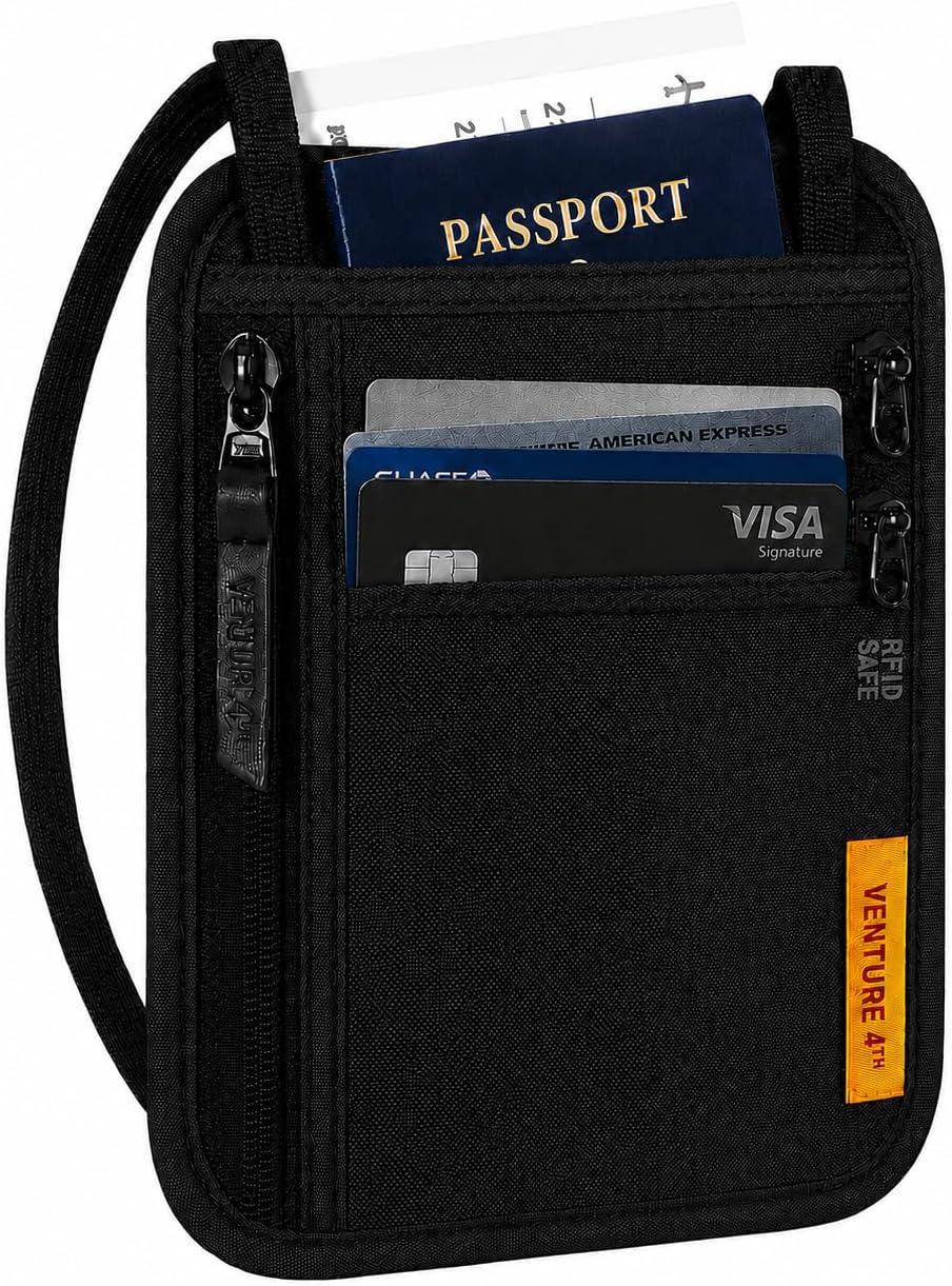 RFID Blocking Travel Neck Wallet for Women & Men – Security Neck Pouch Passport Holder with Adjustable Strap & Water-Resistant Nylon Lining (Black)