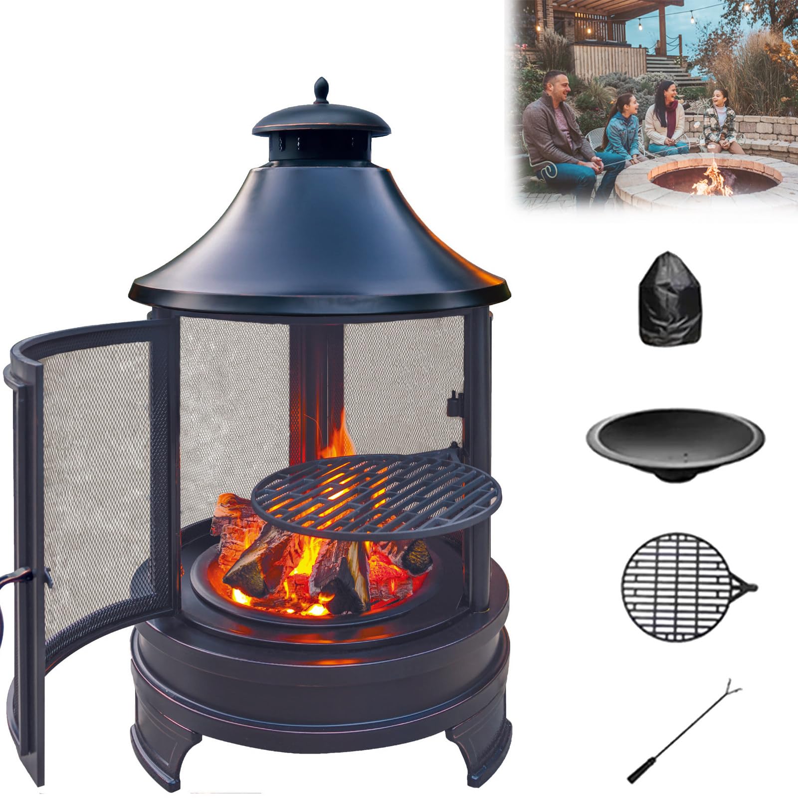 Palenisko typu chiminea i piec ogrodowy na drewno | Wyjmowany pojemnik na popiół, deflektor dymu, łatwe czyszczenie; idealny do ogrodu, na kemping, dla kamperów i na ogniska