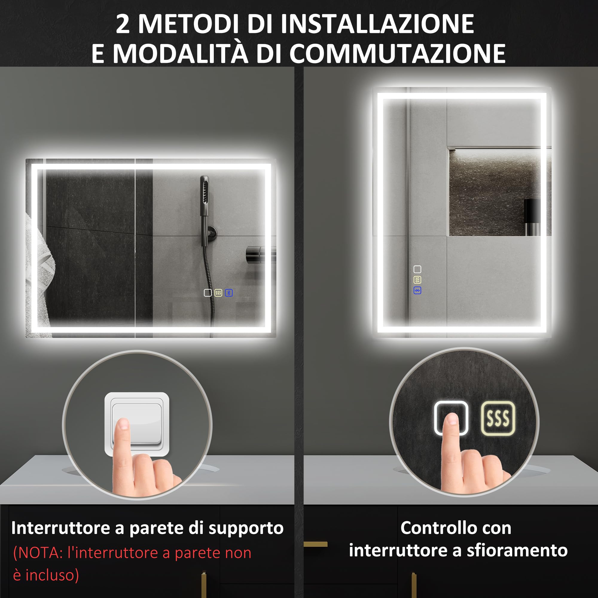 HOMCOM, Specchio da Parete con Luce LED e Speaker Bluetooth 100x80 cm | 3 Colori, Luminosità Regolabile, Funzione Memoria, Antiappannamento, Interruttori Touch, Orizzontale/Verticale