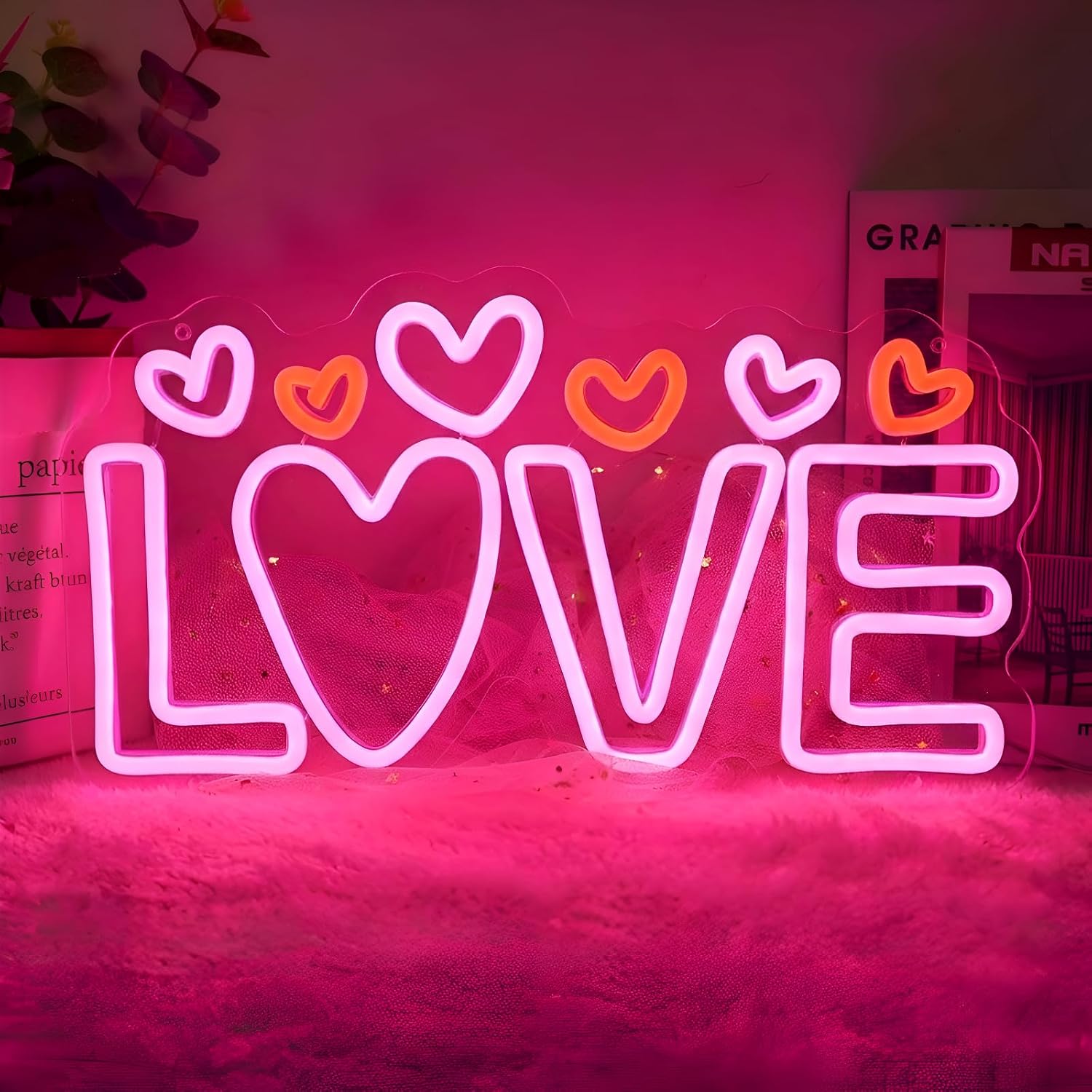 LOVE Neon Sign for Wall Decor, Romantic Heart LED Neon Light for Valentine’s Day, Wedding & Engagement Decorations, Iconic Neon Wall Art for Bedroom, Living Room & Party Backdrop 16.5"x8.9"