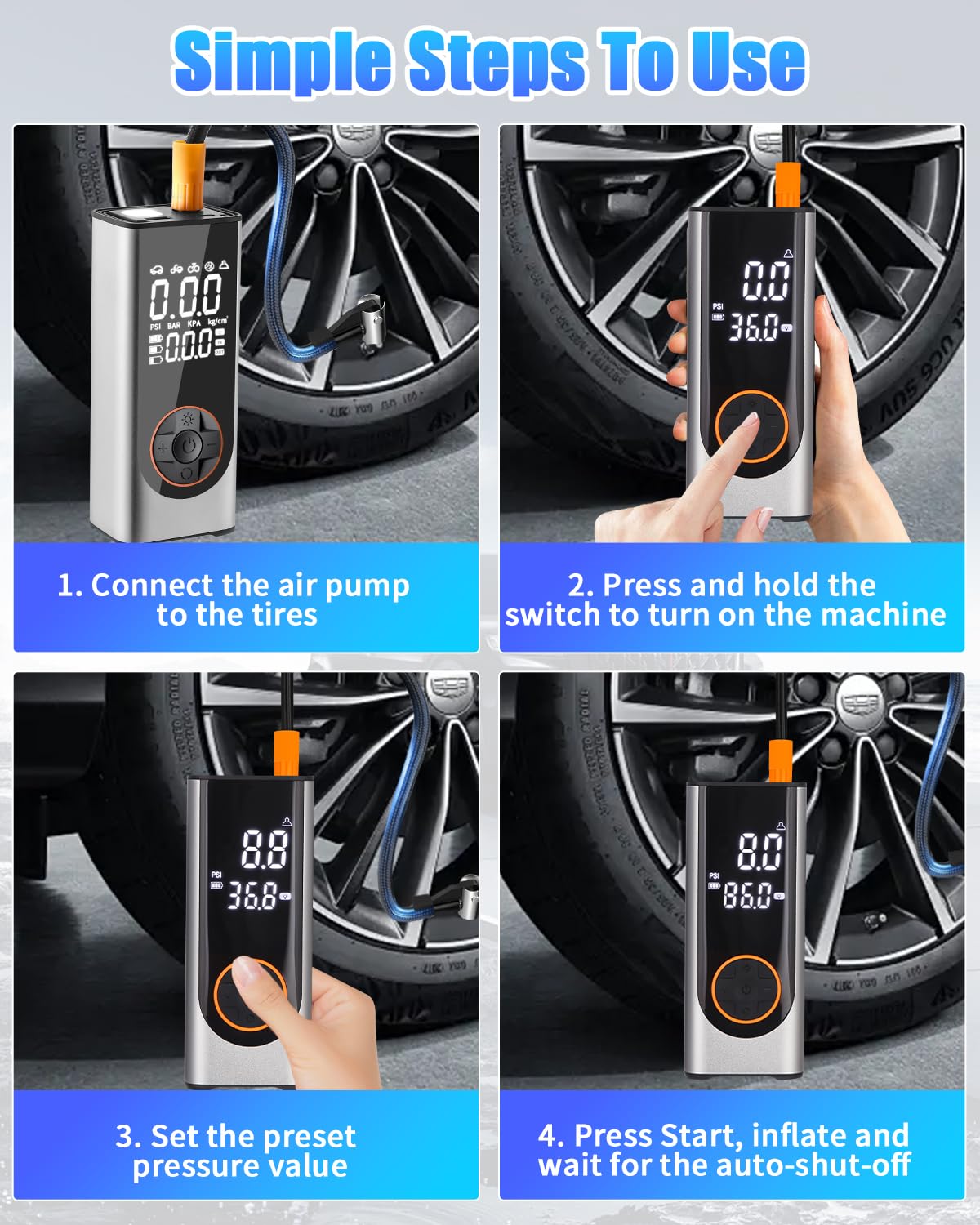 Gonfia Gomme Auto Portatile, 6000mAh 150PSI Mini Compressore Portatile Senza Fili, Gonfiatore Elettrico con 4 Ugelli, Torcia LED, Pompa Elettrica per Bicicletta per Auto, Moto, Biciclette e Palloni
