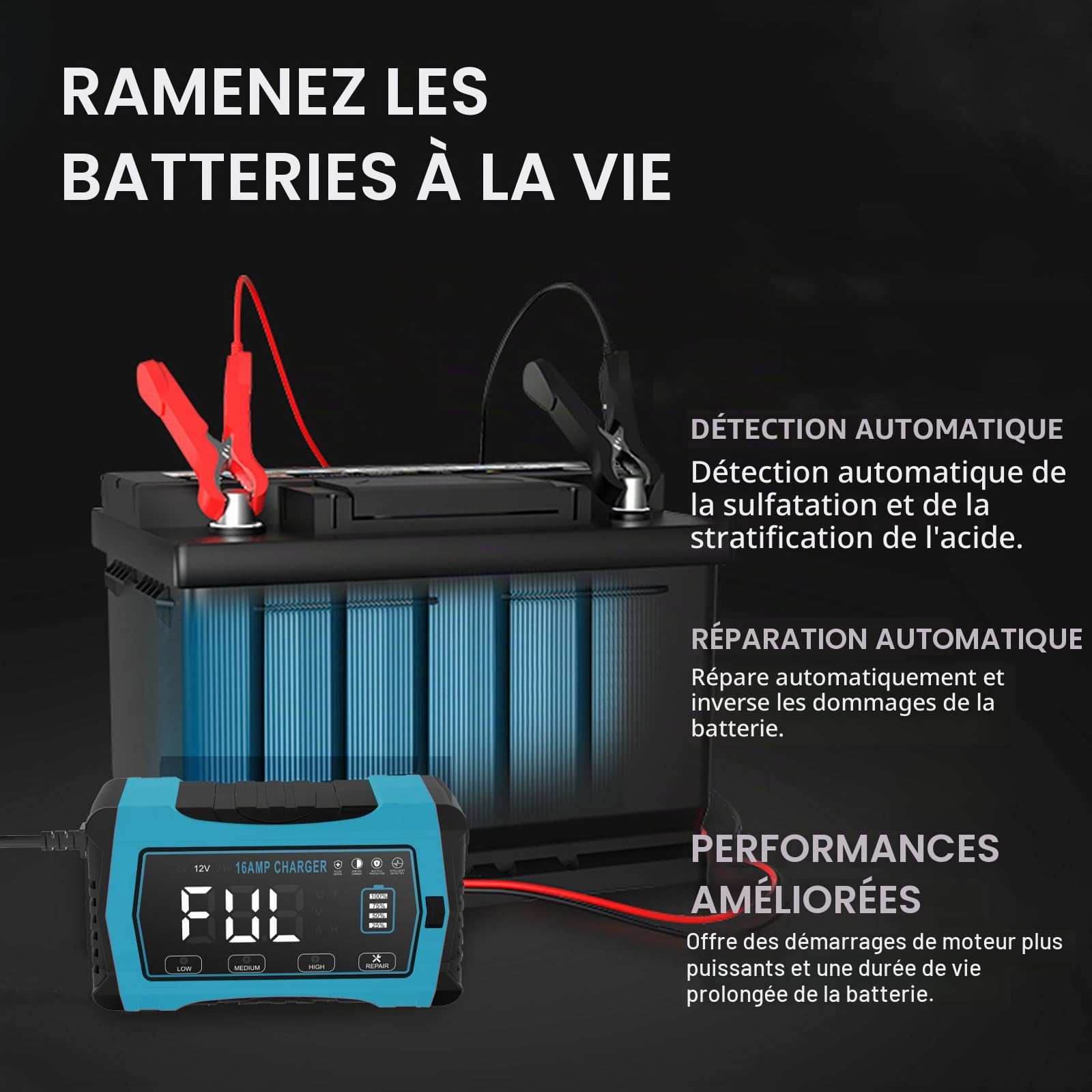 Haisito Chargeur de voiture 16 A, 12 V, 16 A, 24 V, 10 A, batterie au lithium LiFePO4, chargeur au plomb acide (AGM, SLA etc.) avec fonction de charge à 10 niveaux, écran LCD pour voiture