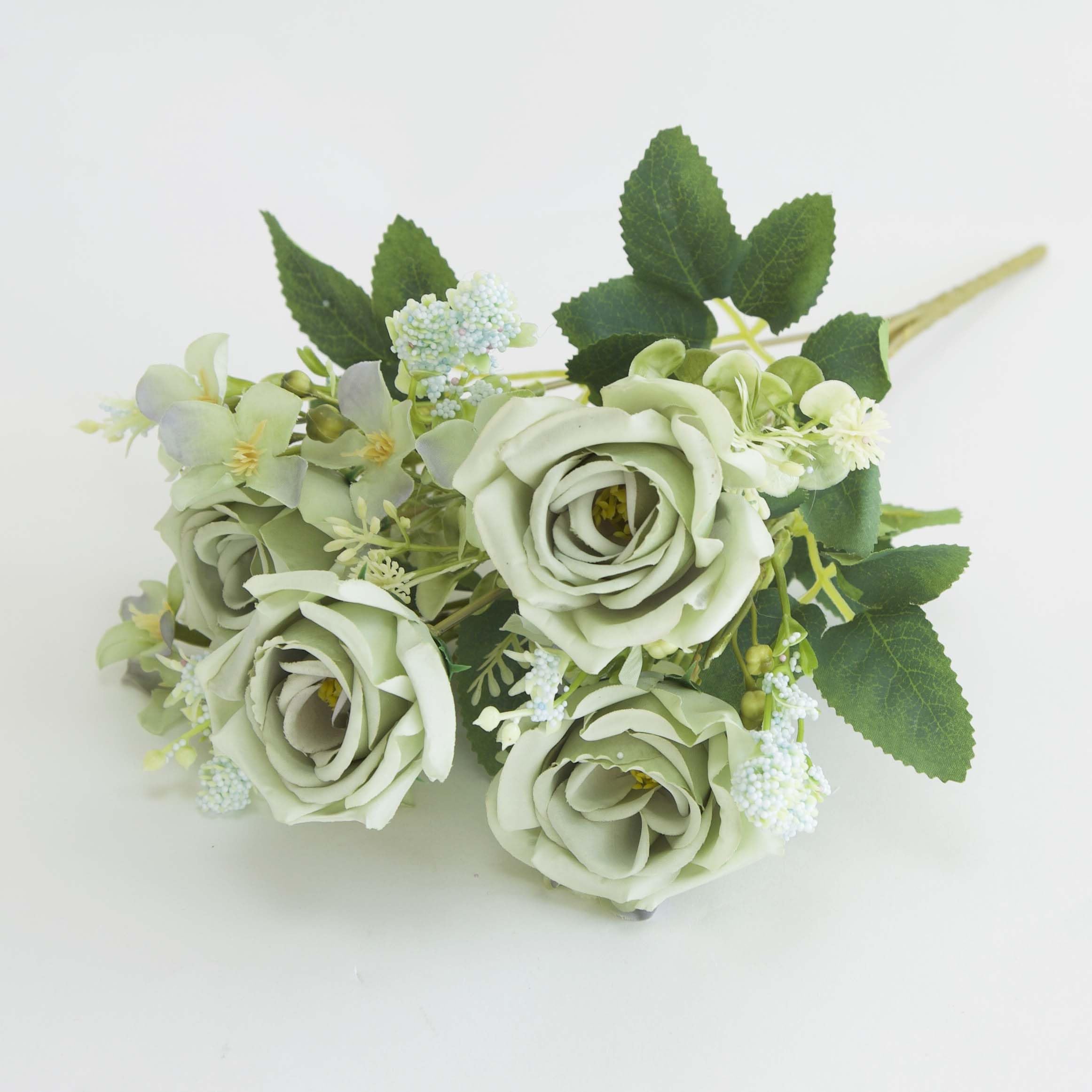 Decor Essentials Small Artificial Rose Bush Bouquet, 7 Rose Stems, 39cm Tall (Sage)