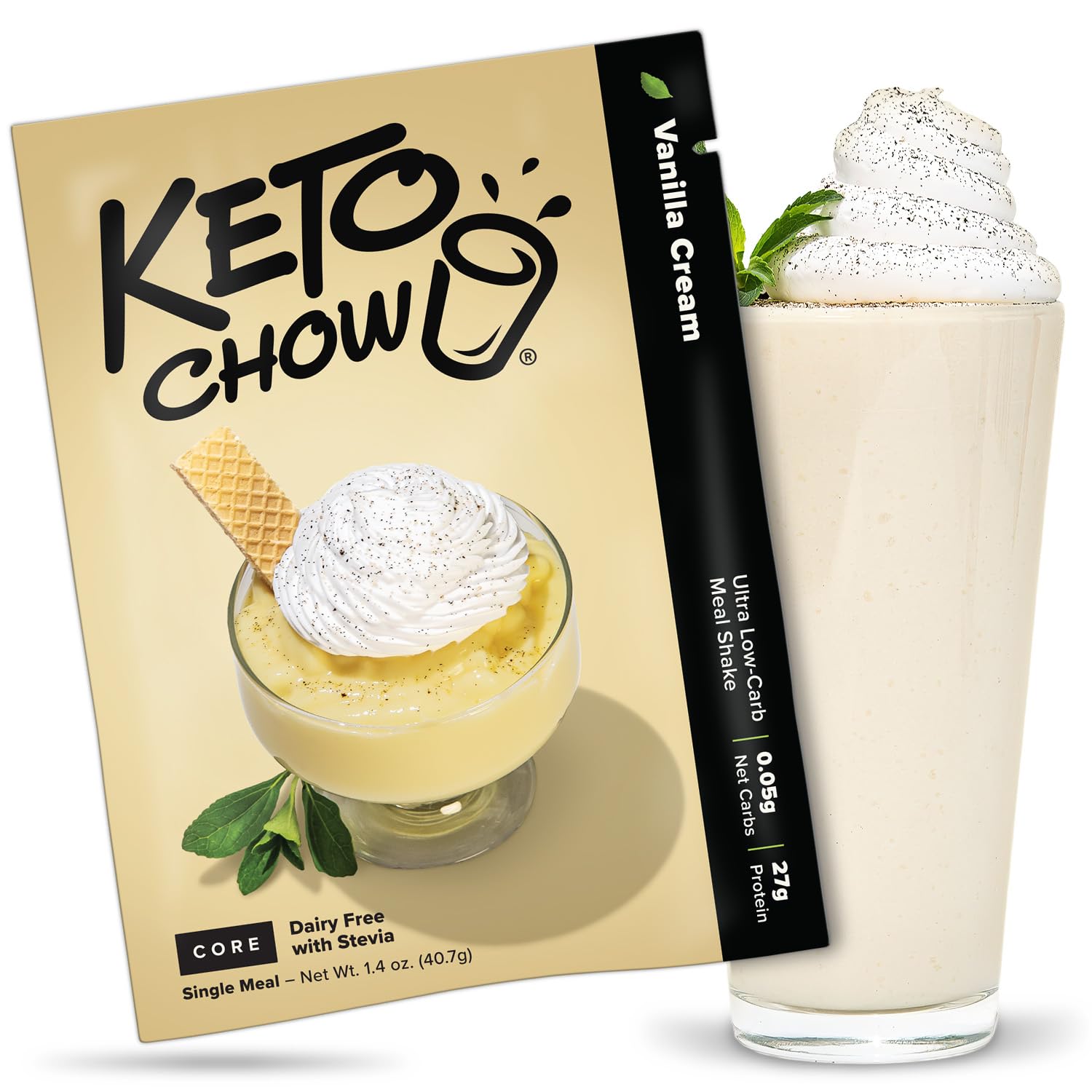 Keto Chow Vanilla Cream Core (w/Stevia) - Keto Meal Replacement Shake Powder - Nutritionally Complete - Low Carb - Delicious Easy Meal Substitute - Protein Rich & Dairy Free - Single Meal Serving