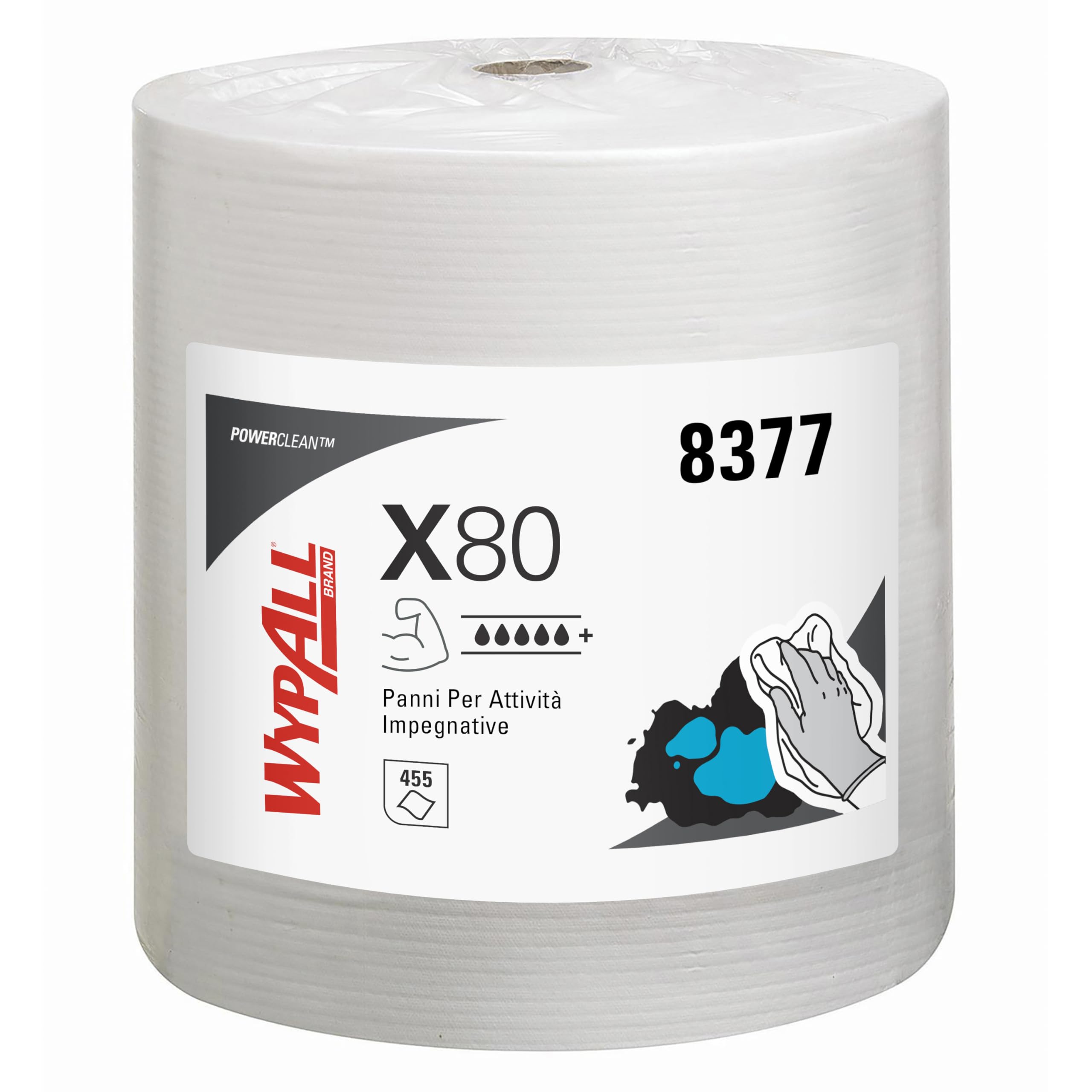 WypAll Panni WypAll X80 Power Clean - Panni per la pulizia riutilizzabili - 1 rotolo grande da 455 panni assorbenti bianchi, Numero articolo 8377