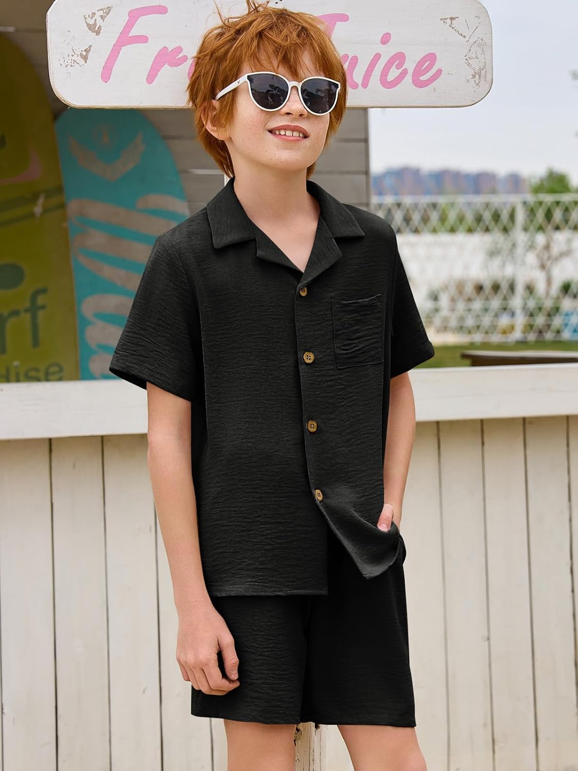 Haloumoning Boys 2 Pieces Summer Outfits Beach Short Sleeve Button Down Shirts and Shorts Vacation Texture Sets for Kids - Image 4
