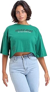 تيشرت كاجوال مطبوع باكمام كوع للنساء من ريفين - اخضر، مقاس L