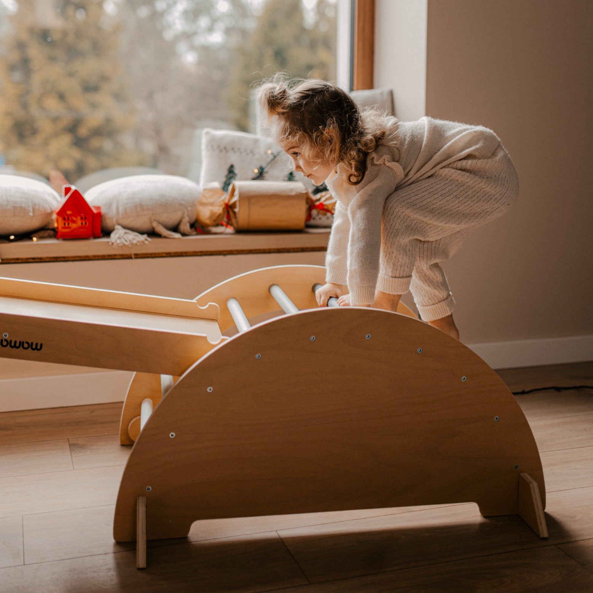 Mamabrum Drewniany Plac Zabaw Dla Dzieci – Trójkąt Piklera, Łuk Wspinaczkowy, Zjeżdżalnia Dwustronna – Montessori Zestaw Sportowy Do Domu, Składany, Bezpieczny