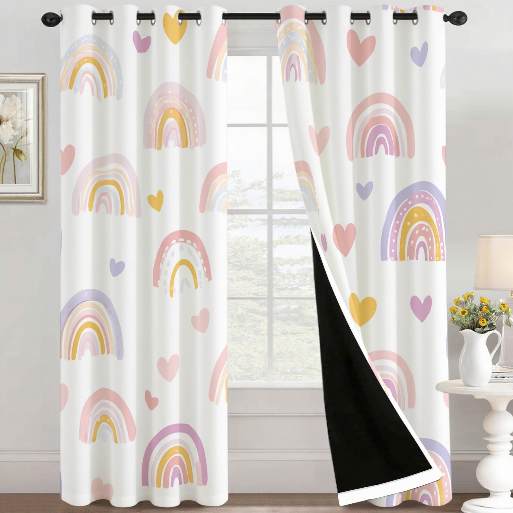 Generisch Herz Regenbogen Gardinen Blickdicht 2er Set, Vorhänge Mädchen Kinderzimmer Motiv mit Ösen, Wohnzimmer Schlafzimmer Deko, Thermovorhang Verdunkelung, H 175 x B 140 - M497