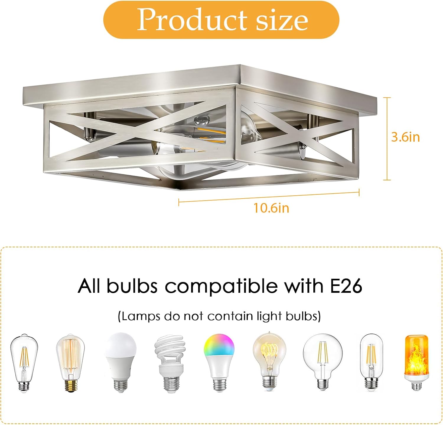 Brushed Nickle Flush Mount Ceiling Light, 2-Pack Close to Ceiling Light Fixtures, 11 Inch Square Cross Cage Indoor Kitchen Ceiling Lights for House Hallway Bedroom Living Room