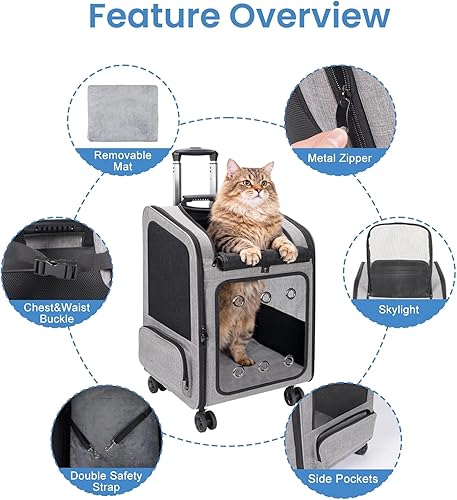 Miniatura 5 de Mochila extra grande para transportar mascotas con ruedas para gatos de menos de 30 libras, para perros, cachorros, conejos y otros animales de