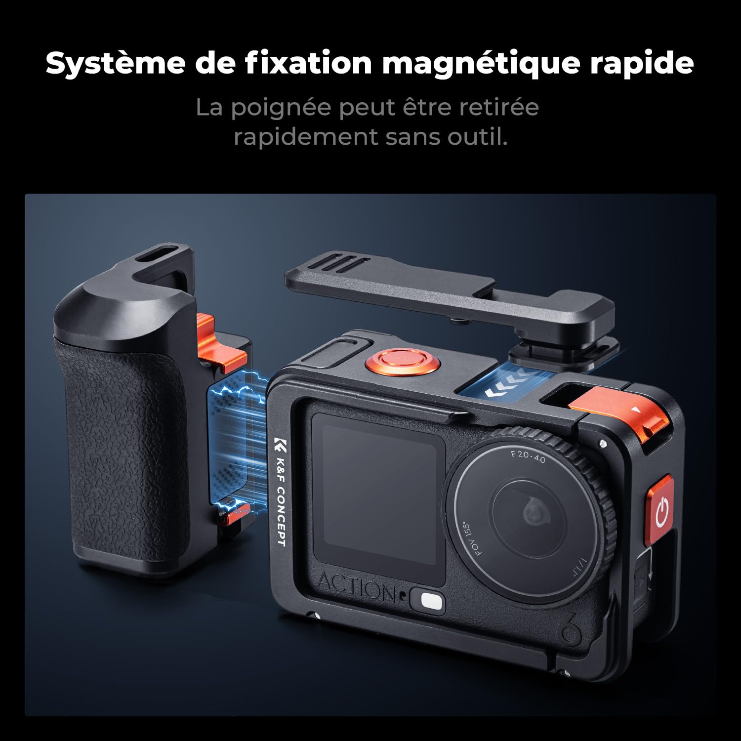 K&F CONCEPT Kit de Poignée avec Cage Compatible avec DJI Osmo Action 6, Poignée de Photographie de Rue à Déverrouillage Rapide avec Déclencheur, Griffe Flash, Accessoires pour Caméra d'action