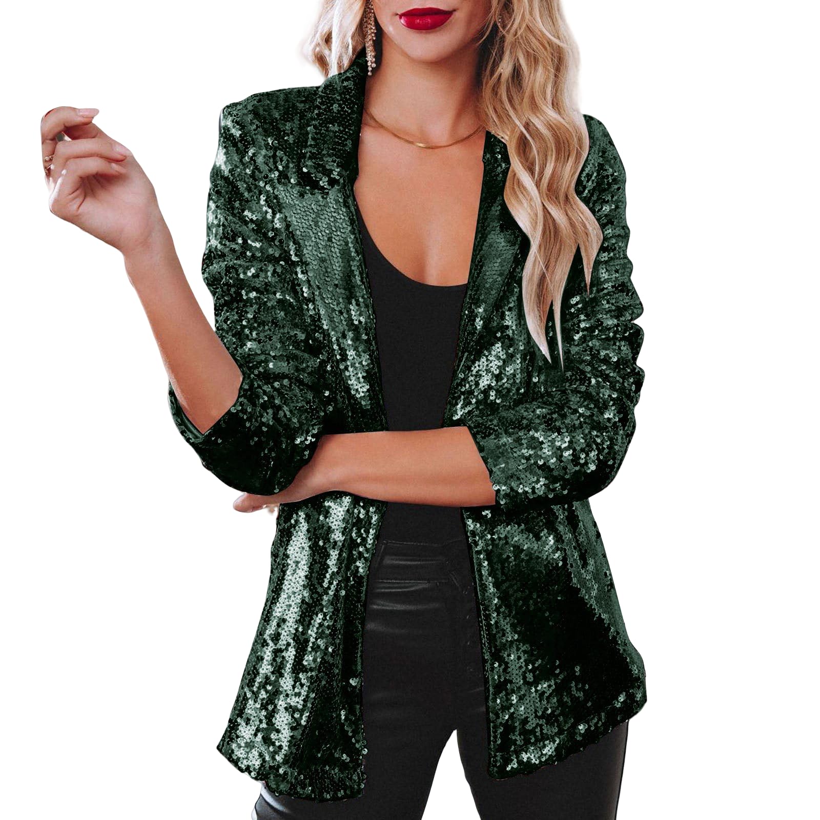 Womens Sequin Blazer Sparkly Party Christmas Long Sleeve Lapel Open Front Glitter Sequin Jacket