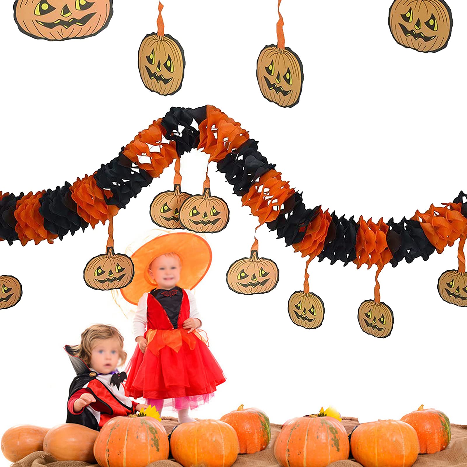 Halloween Kürbis-Girlande 3 M – Schwarz-orange, 3 Stränge, Papier, Vormontiert