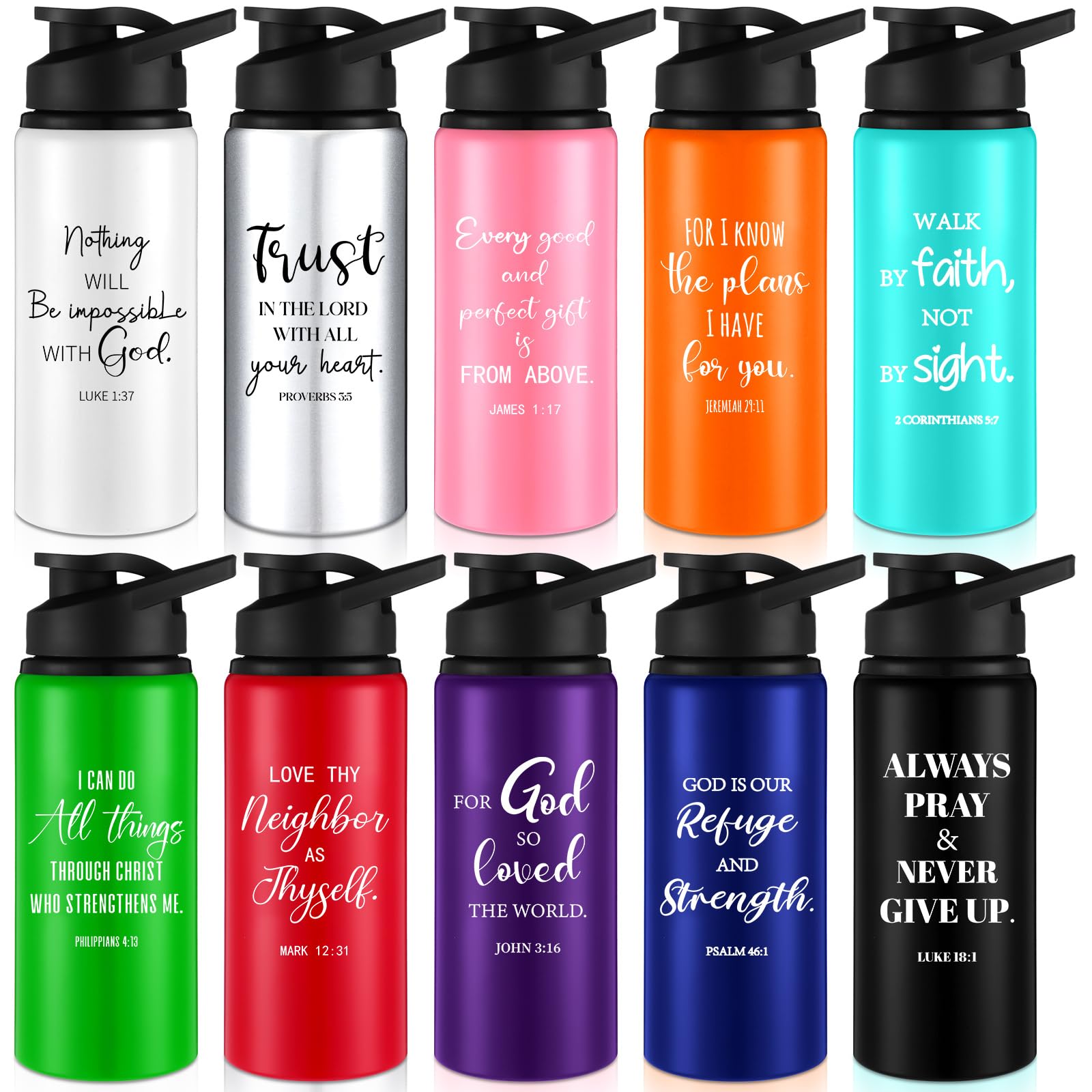 Skybooly 10 Pcs Christian Aluminum Water Bottles, Assorted Color, English