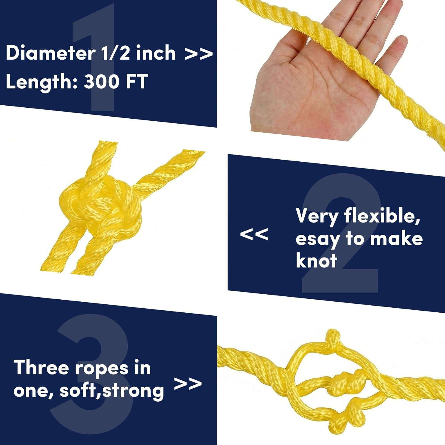 Boat Anchor Rope 1/2inch x300ft, Polypropylene Three Strand Braided Boat Lines Dockline with Thimble, Twisted Anchor Line for Boat/Sailboat/Mooring/Pull Lines, 5850LB Breaking Strain, Yellow