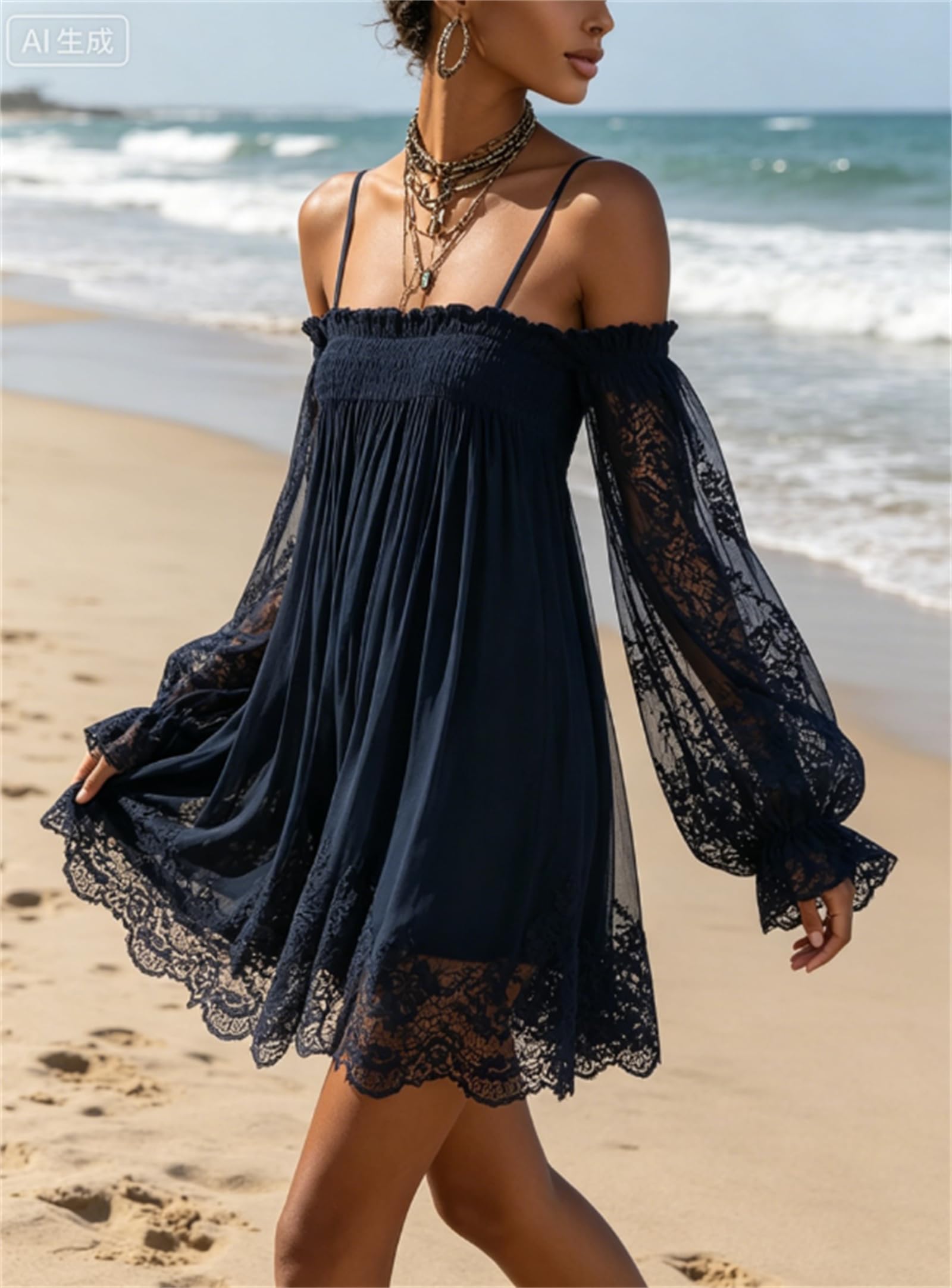 Mini abito da donna con bretelle, elegante, sexy, in pizzo, con maniche a sbuffo, casual, per feste, spiaggia, vacanze, abito corto fluido