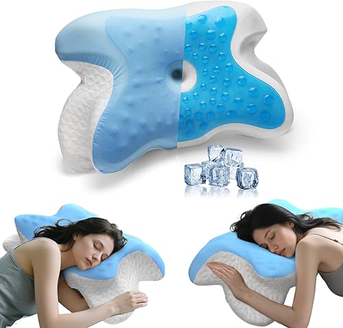 Almohada cervical para aliviar el dolor de cuello, espuma viscoelástica de gel refrescante, diseño ergonómico de mariposa para personas que duermen