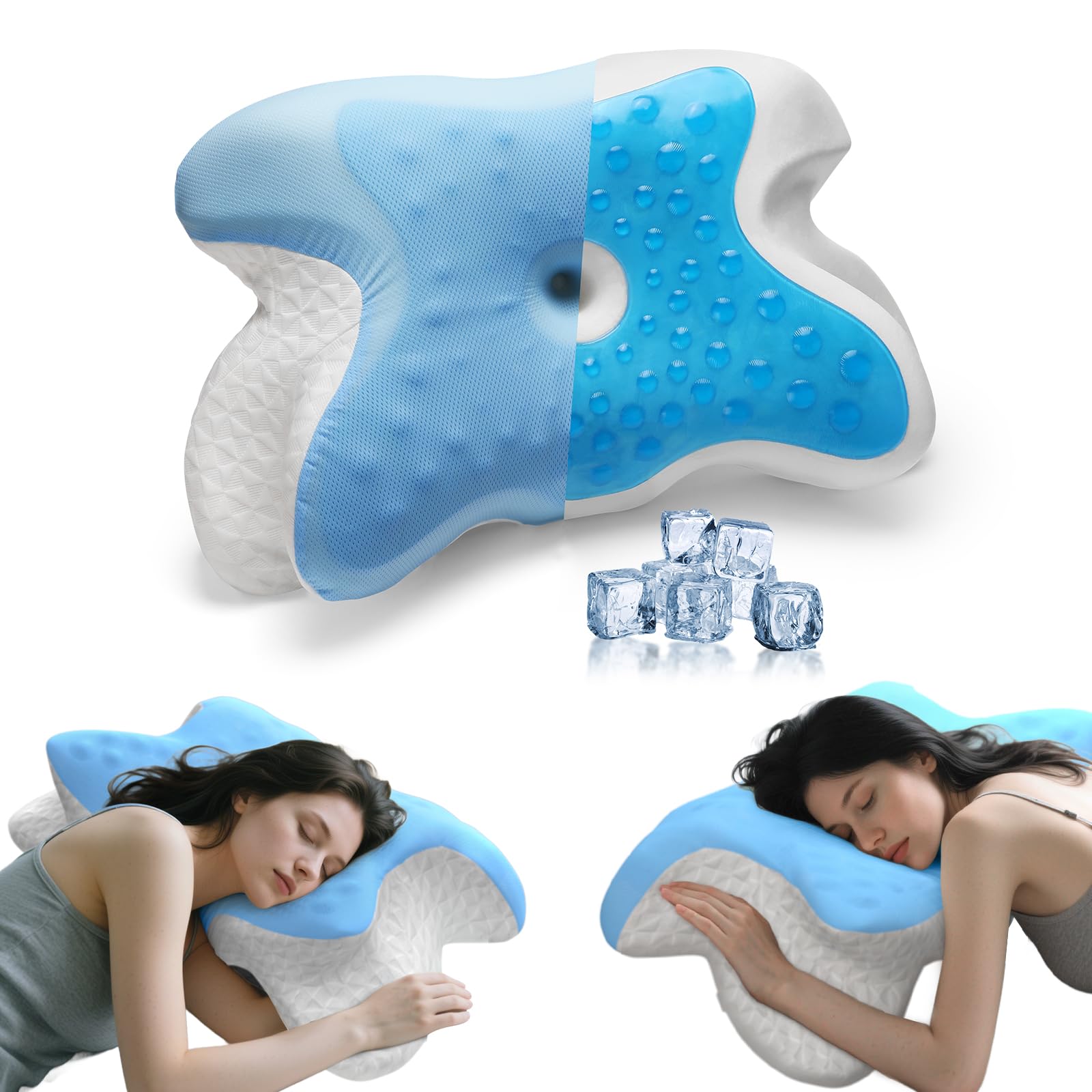 Cervical Pillow for Neck Pain Relief - Cooling Gel Memory Foam Ergonomic Butterfly Design for Side Back Sleepers