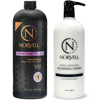 Norvell Premium Professional Sunless Tanning Spray Tan Bundle - Venetian Plus, 34 Fl Oz and Barrier Cream, 32 Fl Oz