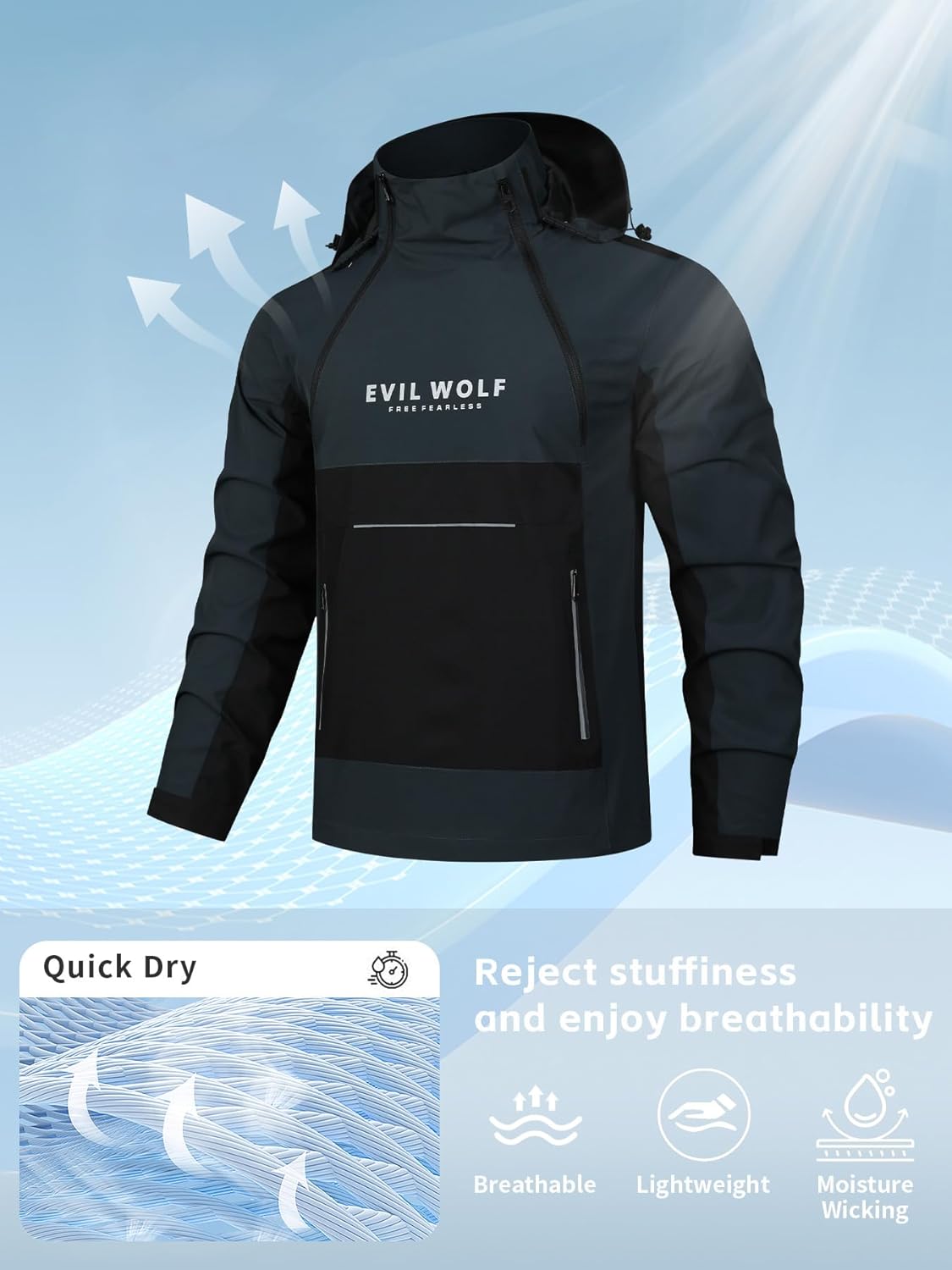 EVIL WOLF Men's Hooded Outdoor Jacket, Color Block Design, Asymmetric Zip Cardigan, Windproof & Waterproof - Image 5