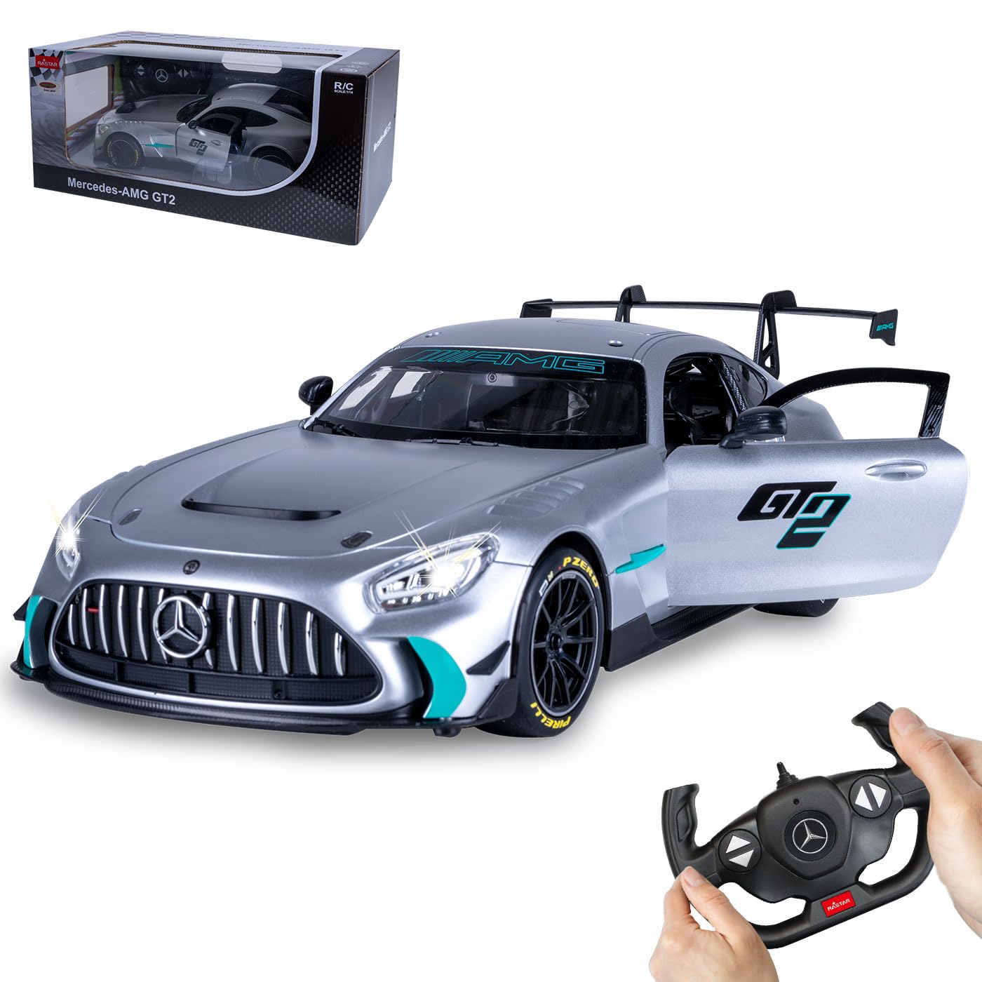 JAMARA 402241 Mercedes-AMG GT2 1:14 2,4 GHz – drzwi ręczne, zdalnie sterowany samochód RC, dla dzieci, zabawka z pilotem zdalnego sterowania, model samochodu, pomysł na prezent dla dzieci, światło LED