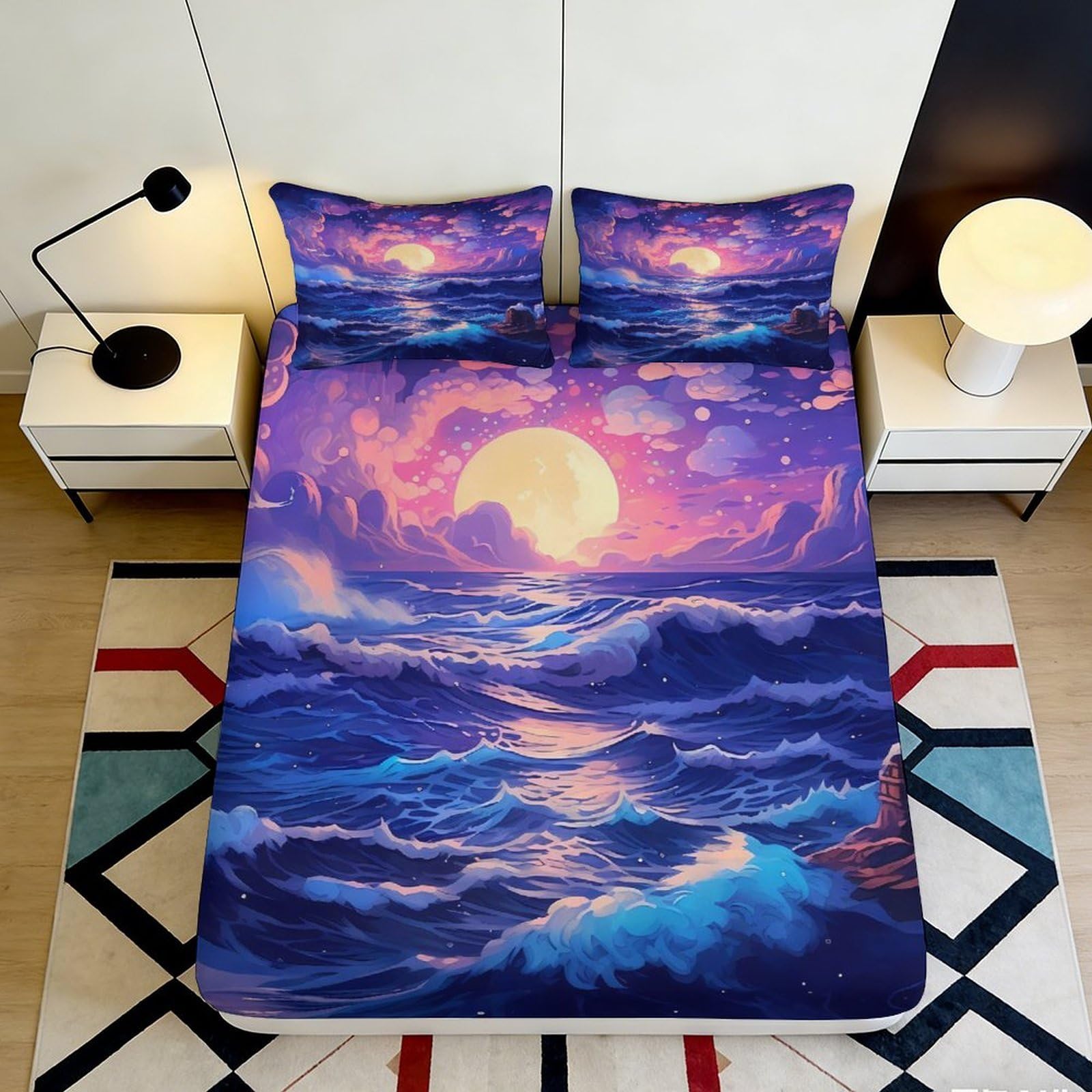 Jqzkxnhpbr Style-4 3D Printed Sunset Ocean Fitted Sheet Microfiber Artistic Moon Wave Mattress Cover For Bedroom Guest Room Decor 90X200x25cm