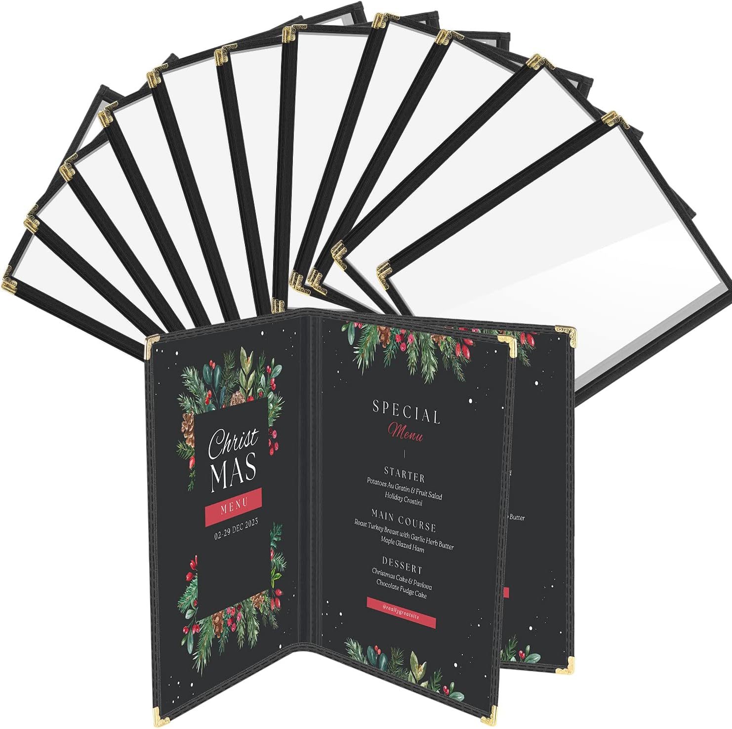 Flexzion Menu Cover 8.5x11 inch Black (12 Pack) Triple Fold Book Style Holder with 3 Page 6 View Protective Corner For Restaurant Hotel Deli Cafes Bars Pubs