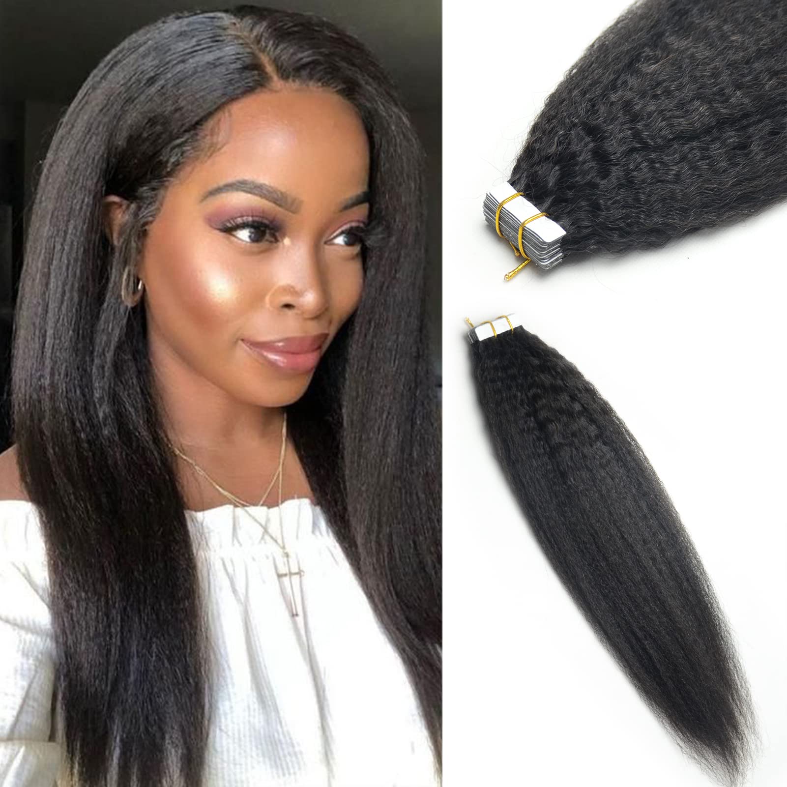 (41cm , Kinky Straight,1B) - Luwigs Kinky Straight Tape in Extensions Human Hair Natural Colour Tape in Hair Extensions for Black Women Seamless Skin Weft 50g 20pcs (41cm , Kinky Straight,Natural C...