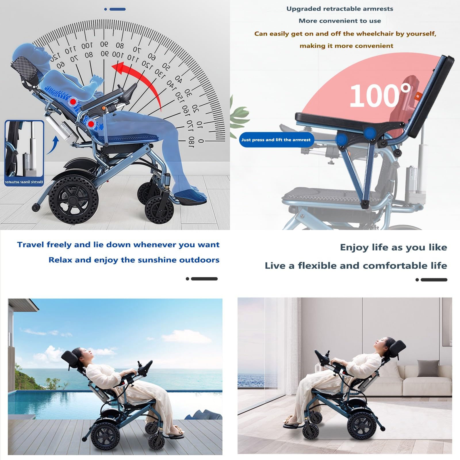 Elektryczny składany wózek inwalidzki lekki czterokołowy leżący skuter dla osób starszych i niepełnosprawnych, w pełni automatyczny, inteligentny design