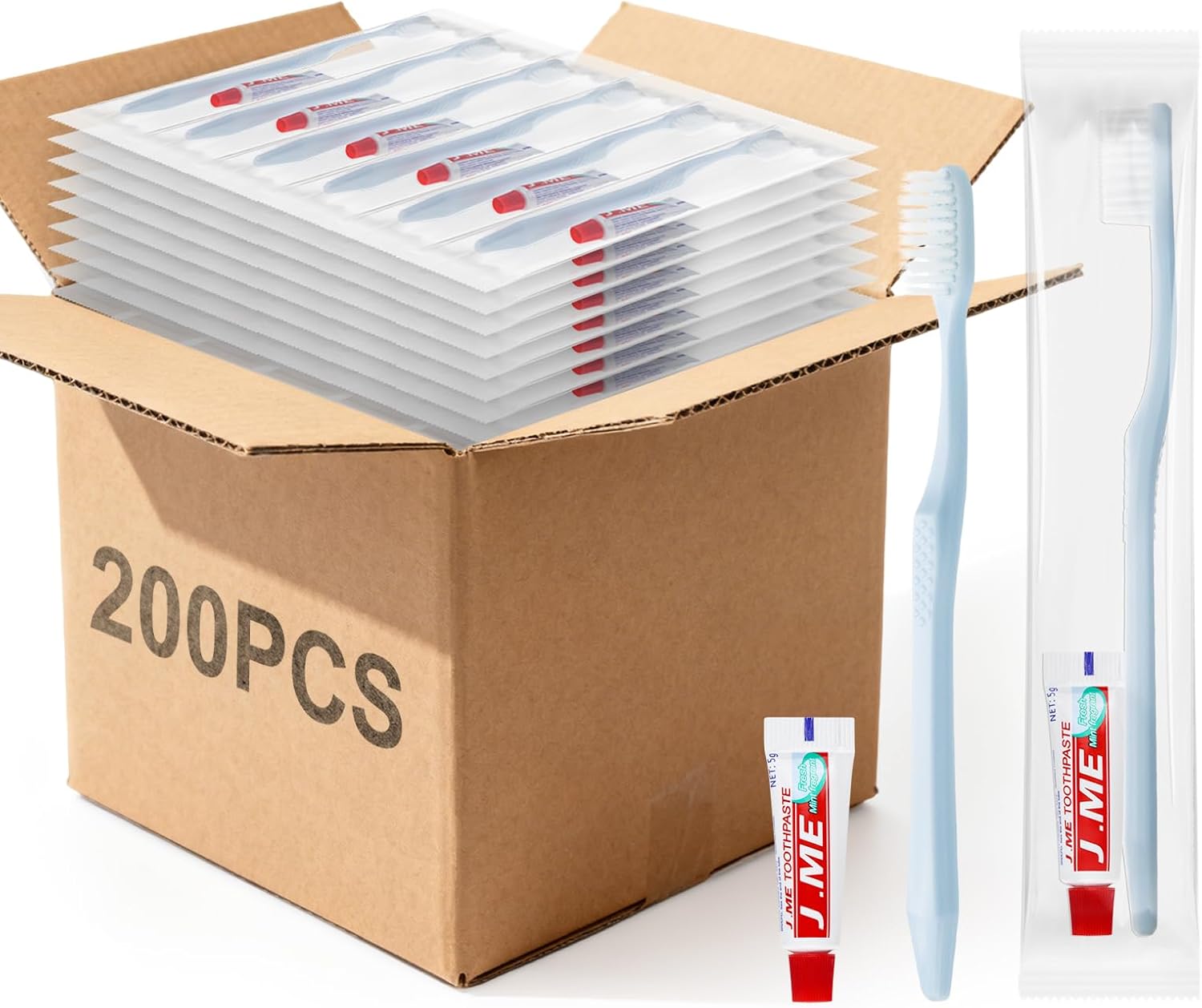 Disposable Toothbrushes with Toothpaste, Light Blue Toothbrush and Toothpaste, Individually Packaged, Suitable for Hotels, Homes, Camping, and Travel (200-PACK)