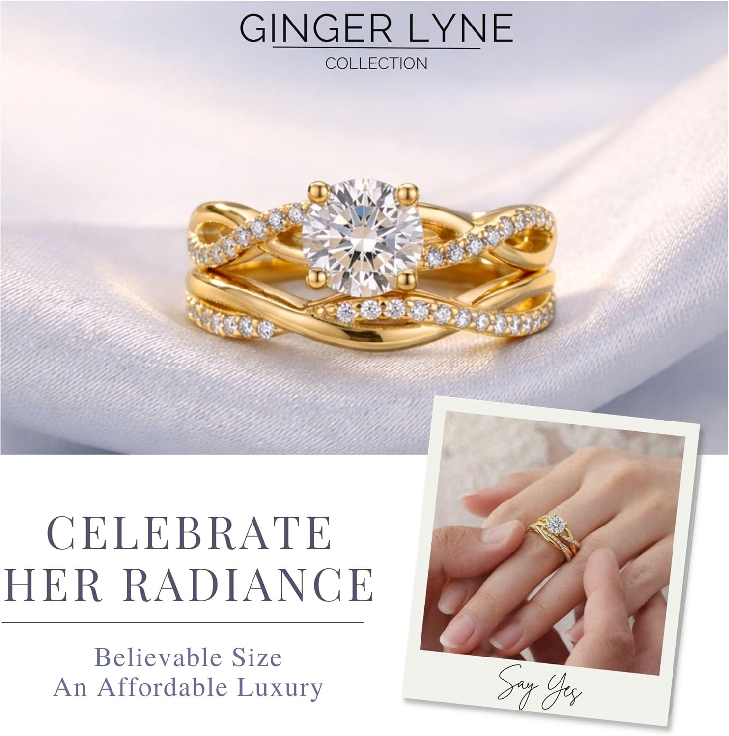 Queena Wedding Ring Set for Women by Ginger Lyne | Cubic Zirconia Sterling Silver Solitaire Engagement Ring and Matching Wedding Band Set for Ladies |Travel Decoy Jewelry or Promise for Her
