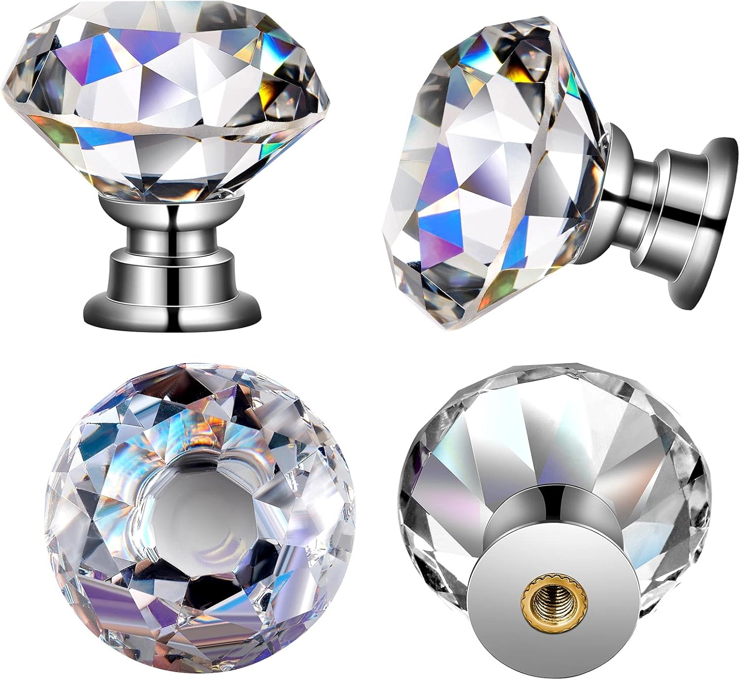 Hotop 30 Pieces Crystal Drawer Knobs Clear 30mm Diamond Crystal Dresser Knobs Glass Cabinet Pulls Handles with Screws for Kitchen Office Bathroom Cabinet (Silver)