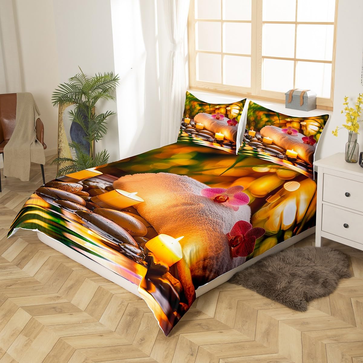 Zen Spa Bedding Set Twin Size for Kids Boys Bedroom,Spa Still Life Bed Duvet Cover Set,Aromatic Candles Comforter Cover Meditation Decor 2 Pieces 1 Duvet Cover with 1 Pillowcase No Comforter