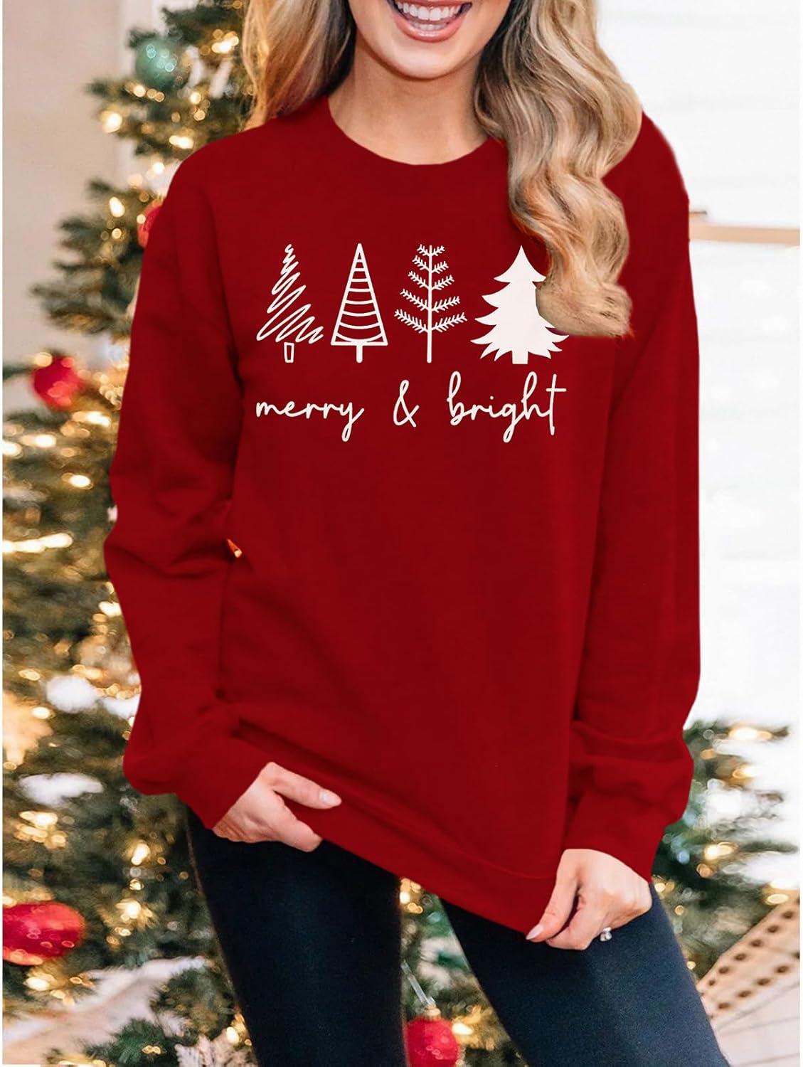 CM C&M WODRO Women Christmas Tree Sweatshirt Merry and Bright Xmas Tree Sweater Shirt Crewneck Oversized Holiday Pullover Top - Image 2