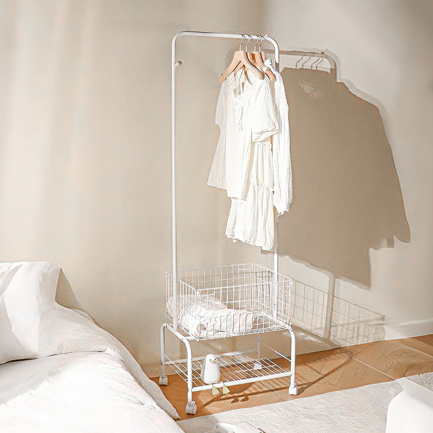 Rolling Laundry Cart with Clothes Rack, Wire Laundry Hamper Basket with Wheels for Sorter, Heavy Duty Storage Metal Frame Dirty Clothes Shelf for Hotel, Home, Closet, Dorm, White (Metal Basket)