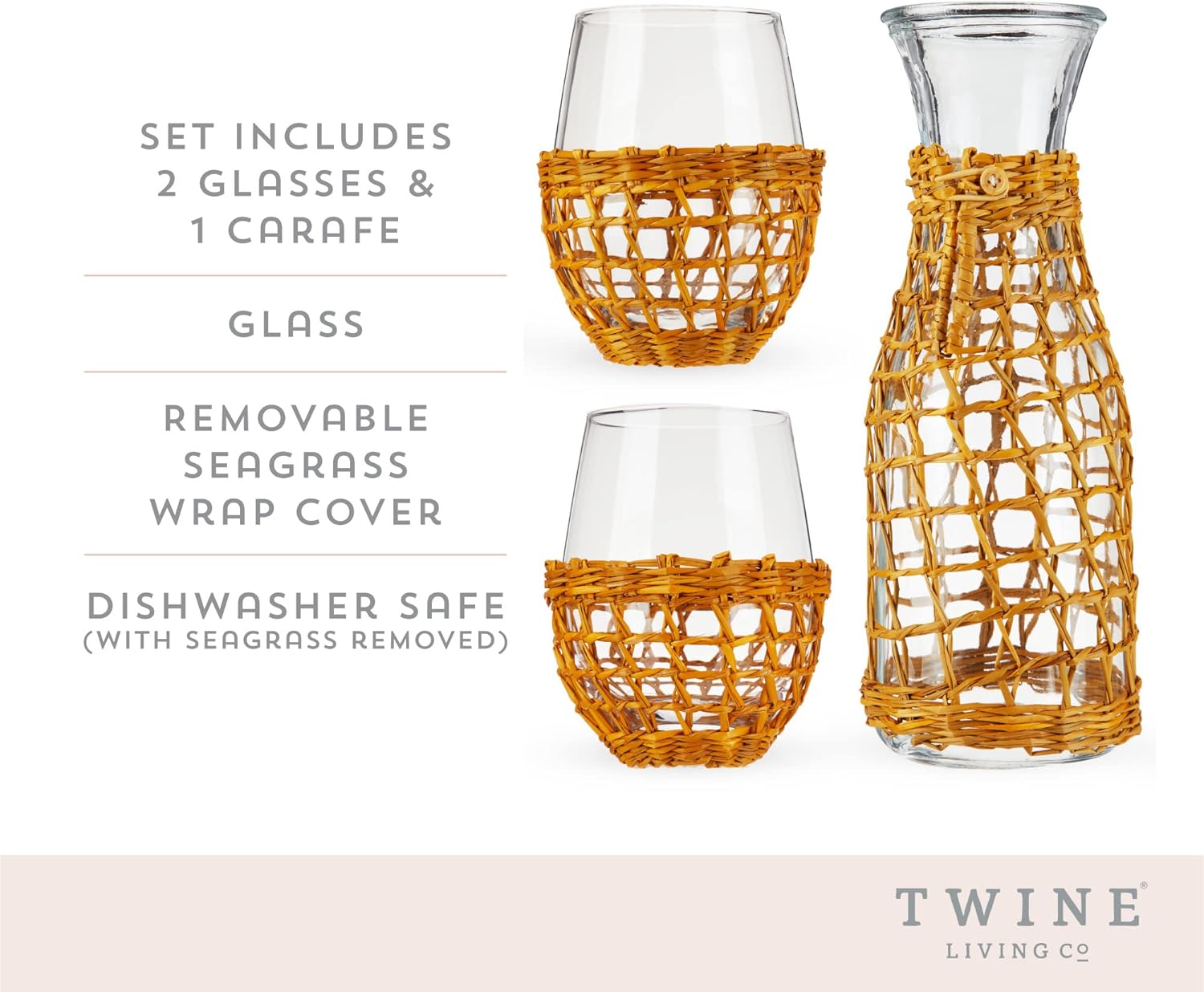 Twine Island Wine Glasses with Carafe, Stemless Glassware with Seagrass Wrap for Night Stand, Dishwasher Safe, 16 Oz, 37.5 Oz, Set of 3