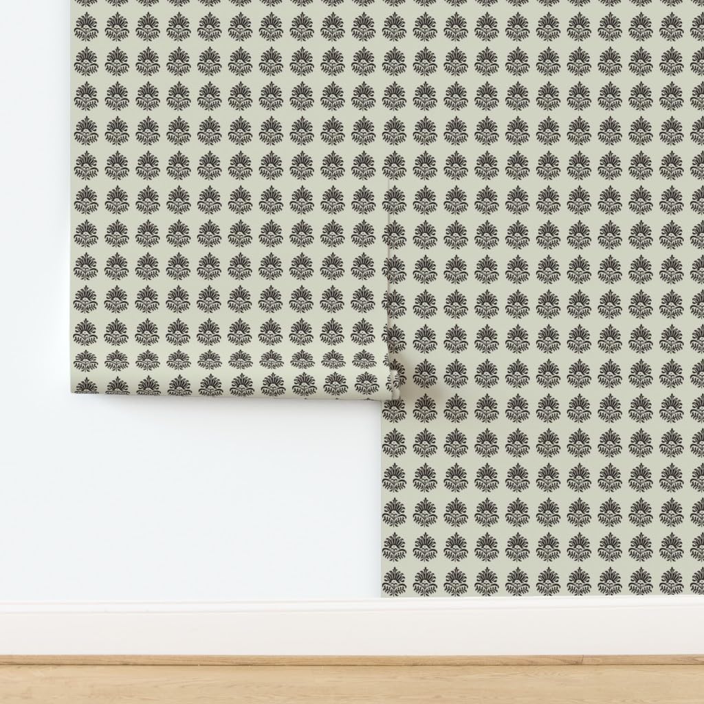 Spoonflower Removable Wallpaper Swatch - Indian Block Print,Black Cream Flower,Block Print,Small Scale,Traditional Custom Pre-Pasted Wallpaper