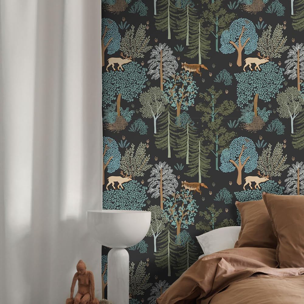 17.5"x118" Creative Jungle Forest Wallpaper Wild Trees Flowers Wallpaper Self Adhesive Watercolor Safari Owl Wolf Bear Contact Wall Paper Murals for Bedroom Living Room TV Sofa Background Home