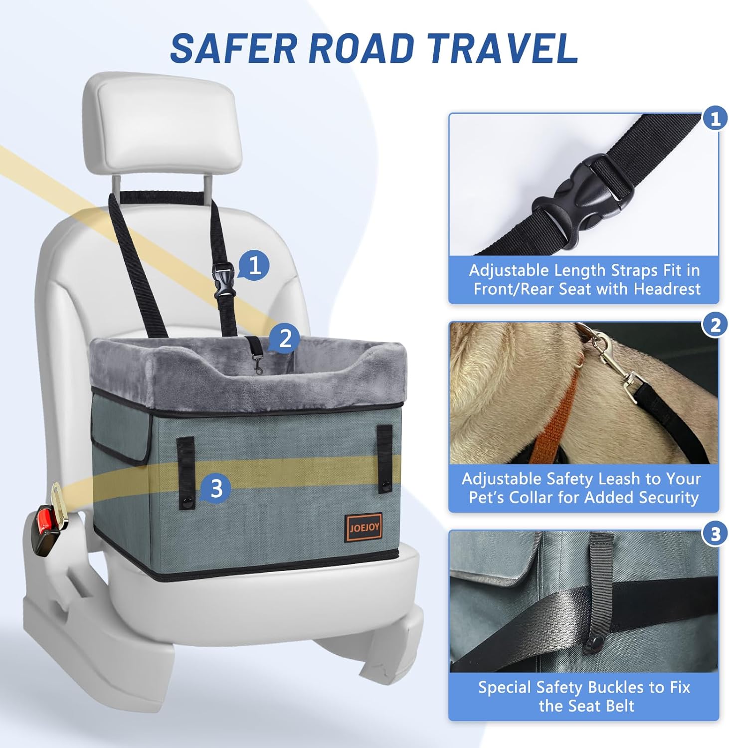 JOEJOY Small Dog Car Seat - Portable Puppy Booster Seat for Car with Clip-On Safety Leash, Adjustable Straps Perfect for Small Pets Up to 25lbs (Grey)